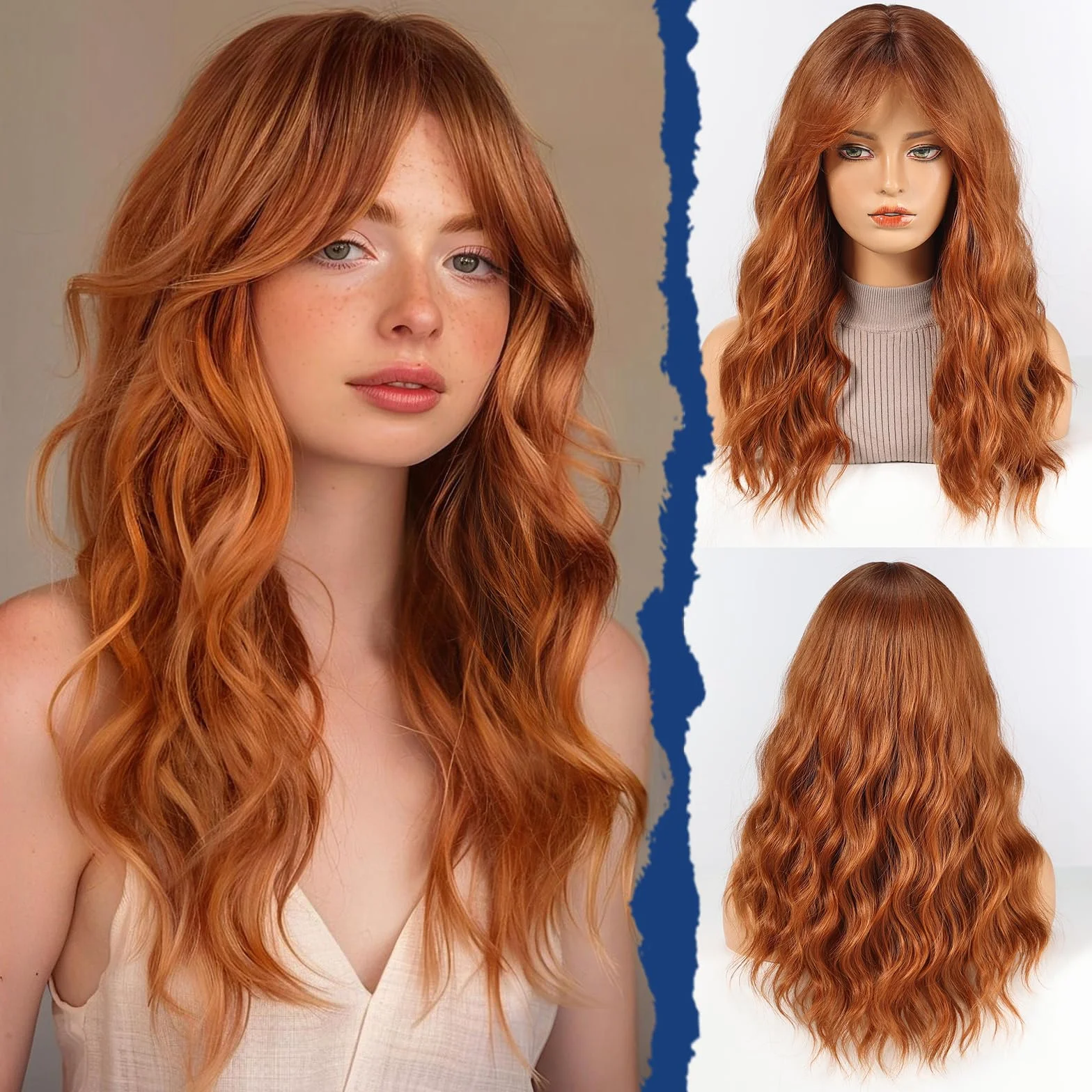 HAIRCUBE Peruka damska, długa peruka z kręconymi grzywkami, brązowe peruki dla kobiet, naturalne włosy syntetyczne 22 cali, odpowiednia na Halloween/imprezy/codzienne noszenie (Castano)