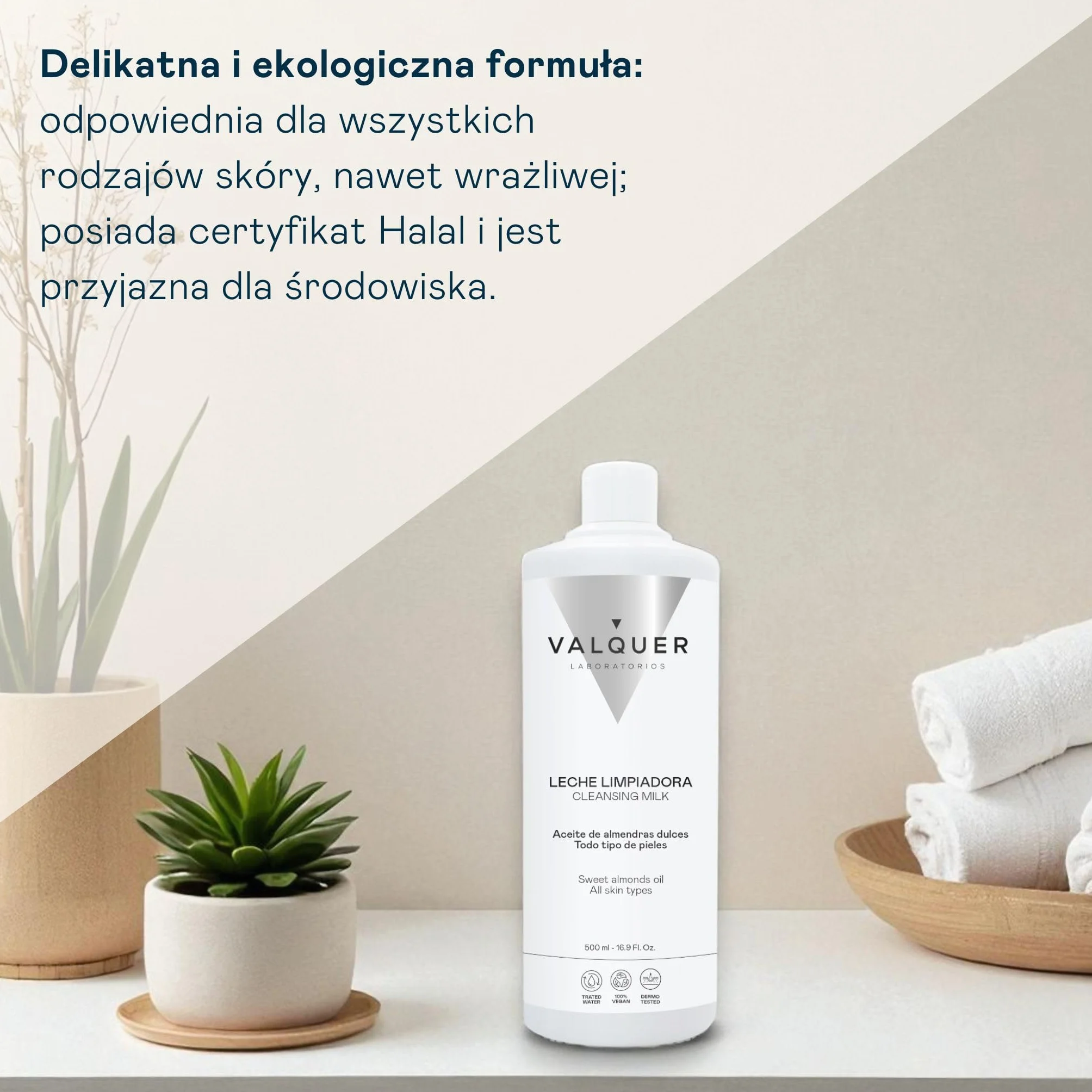 Valquer - Mleczko oczyszczające do twarzy z olejkiem migdałowym, Wegański głęboko oczyszczający płyn do demakijażu, Nawilża i zmiękcza wszystkie rodzaje skóry, 500 ml