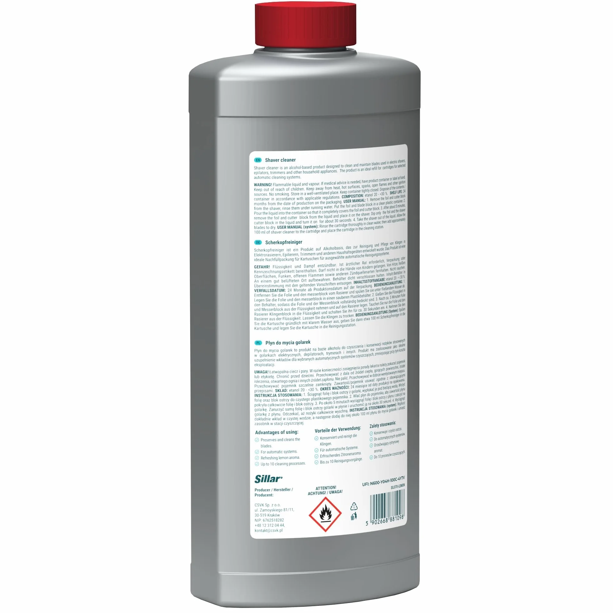 Sillar Płyn Czyszczący do Głowic Golarek 1L - Formuła Cytrynowa - Kompatybilny z Braun CCR Seria 3, 5, 7, 9 - Rozwiązanie do Czyszczenia Golarek - Maksymalna Higiena i Wydajność – 2 Sztuki