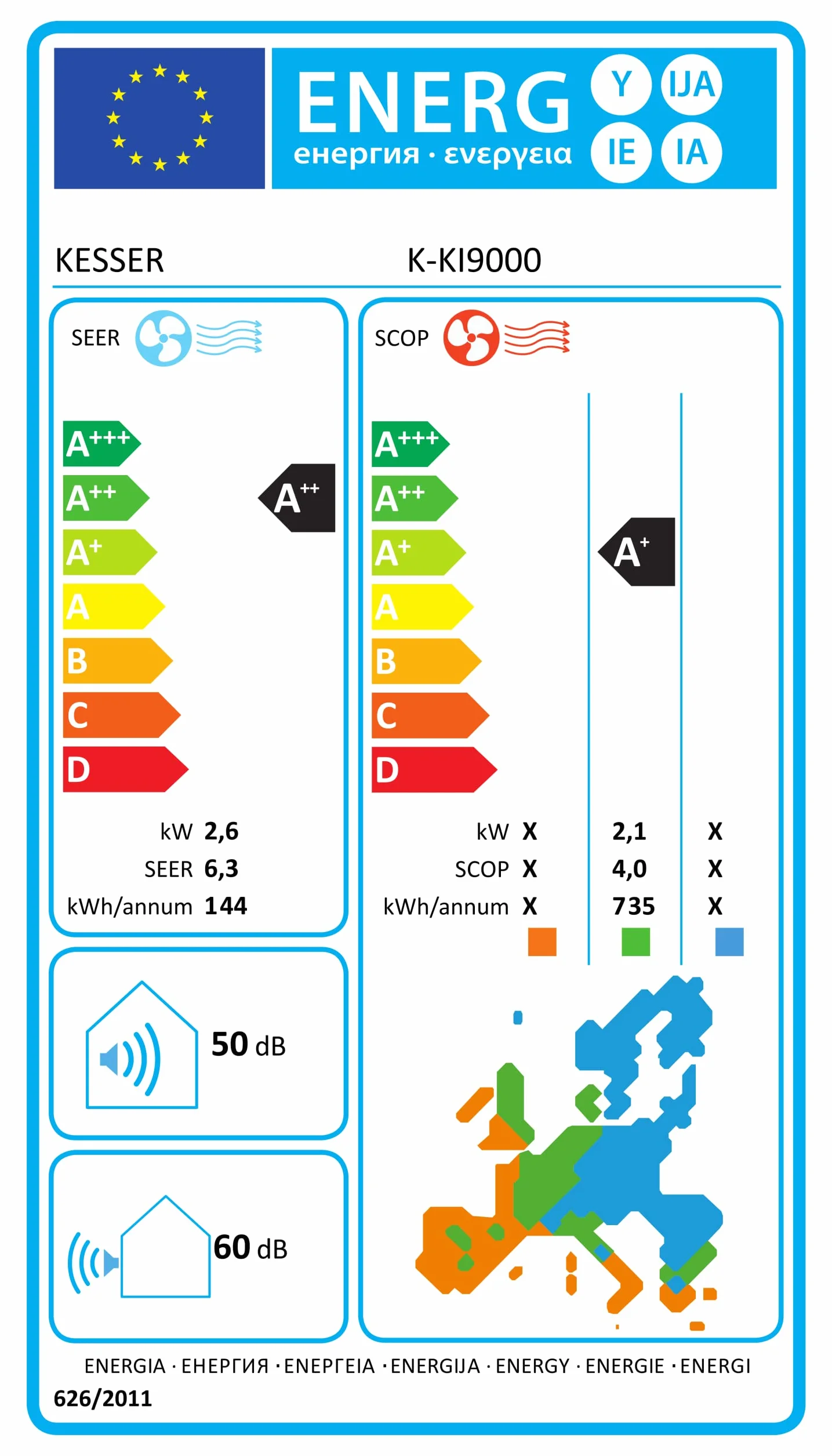 KESSER Zestaw klimatyzacji Split – z funkcją WiFi / aplikacji – chłodzenie A++/ ogrzewanie A+ – 9000 BTU/h (2600 W), bardzo cichy, czynnik chłodniczy R32 – pilot zdalnego sterowania, funkcja timera