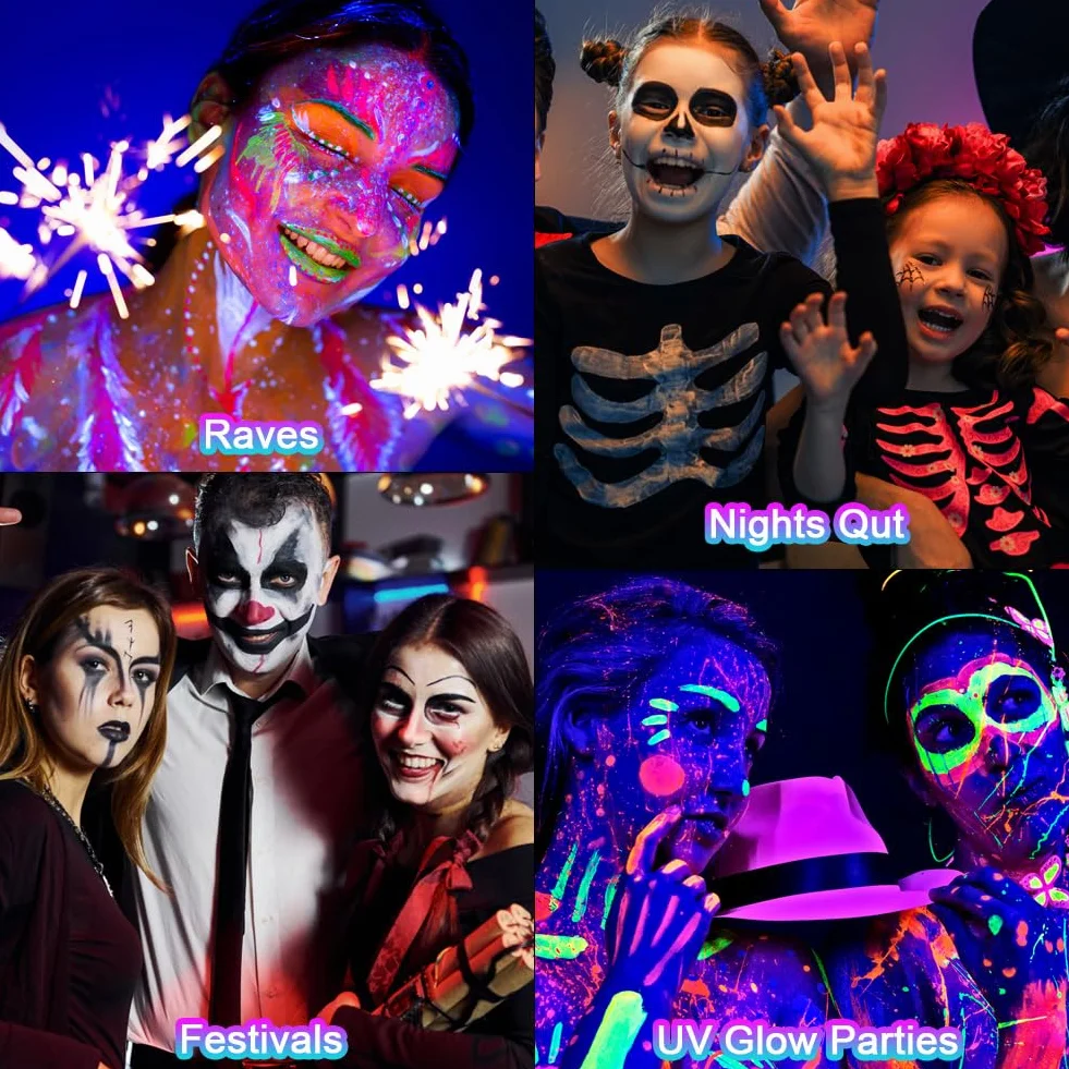 AOOWU UV zestaw do malowania ciała, 12 kolorów, neonowy zestaw UV, zmywalne kredki do makijażu, kredy do twarzy, na Halloween, karnawał, makijaż i trawę Mardi