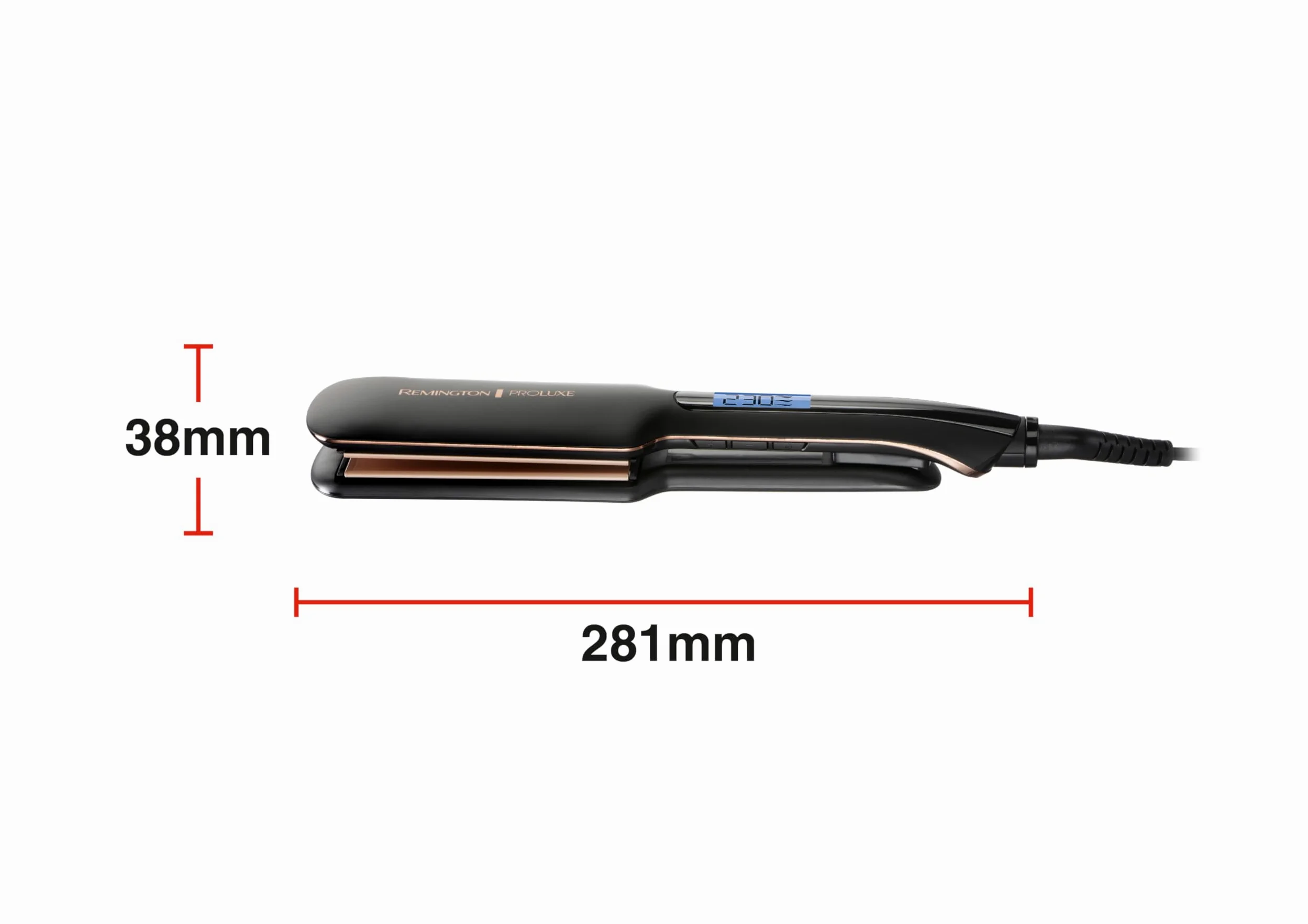 Remington prostownica do włosów, szerokie płytki, tech. OptiHeat utrwala fryzurę do 24h, ceramiczna, zakres temp. 150-230°C, LCD, szybkie nagrzewanie, przewód 3m, czarna, PROluxe Midnight Wide S9150B