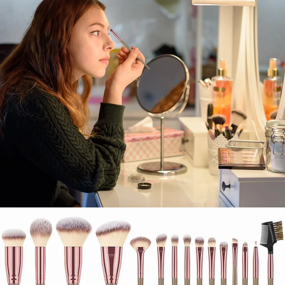 Vicloon Profesjonalny zestaw pędzli do makijażu, 15 stz,w zestawie torbą ze skóry PU i 2 gąbeczki,cienie do powiek, podkładu,eyeliner, tusz do rzęs, pędzel do brwi,wielofunkcyjny zestaw pędzli,Czarny