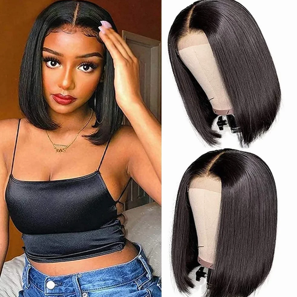Peruka brazylijska włosy ludzkie 4x4 Lace Front Human Hair Wigs Straight Human Hair Bob Lace Front Wigs Brazilian Wig 180% Density Short Bob Wig for Black Women Natural Colour (8 inch)