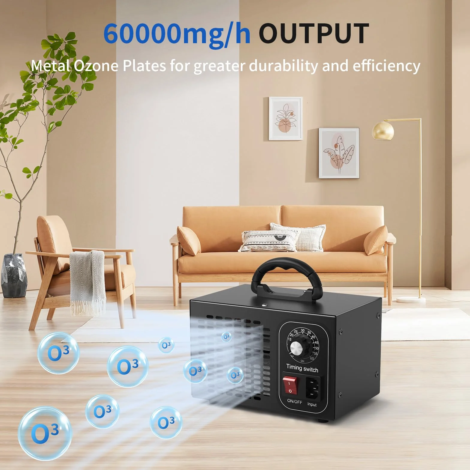 Generator ozonu 60 000 mg/h, ozonator O3, oczyszczacz powietrza z timerem do 60 min, do dezynfekcji klimatu, do samochodu, kolor czarny