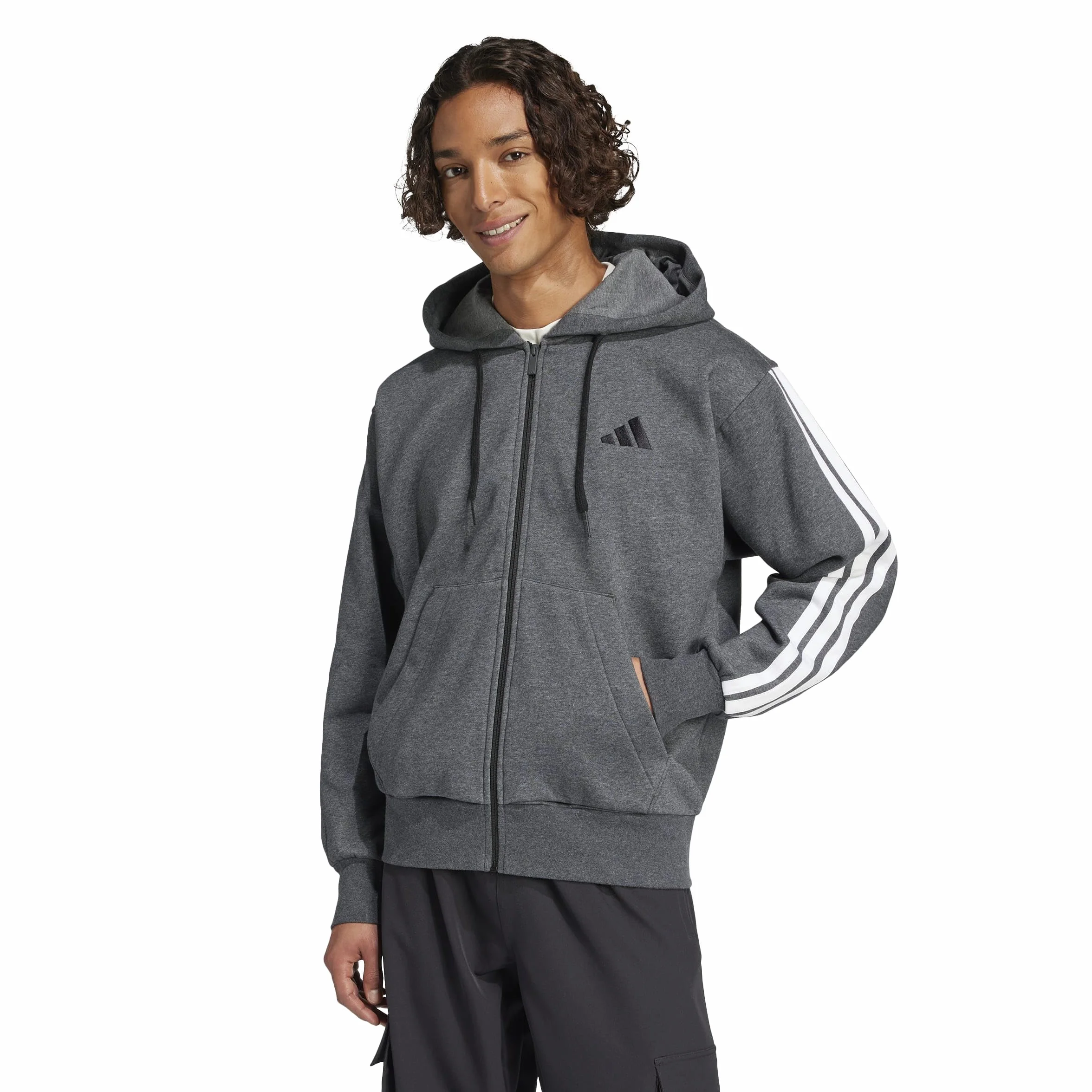 adidas Mezczyzni Essential Three Stripes Fleece Zipper Hoodie Sweatshirt, dark grey heather/black, XL