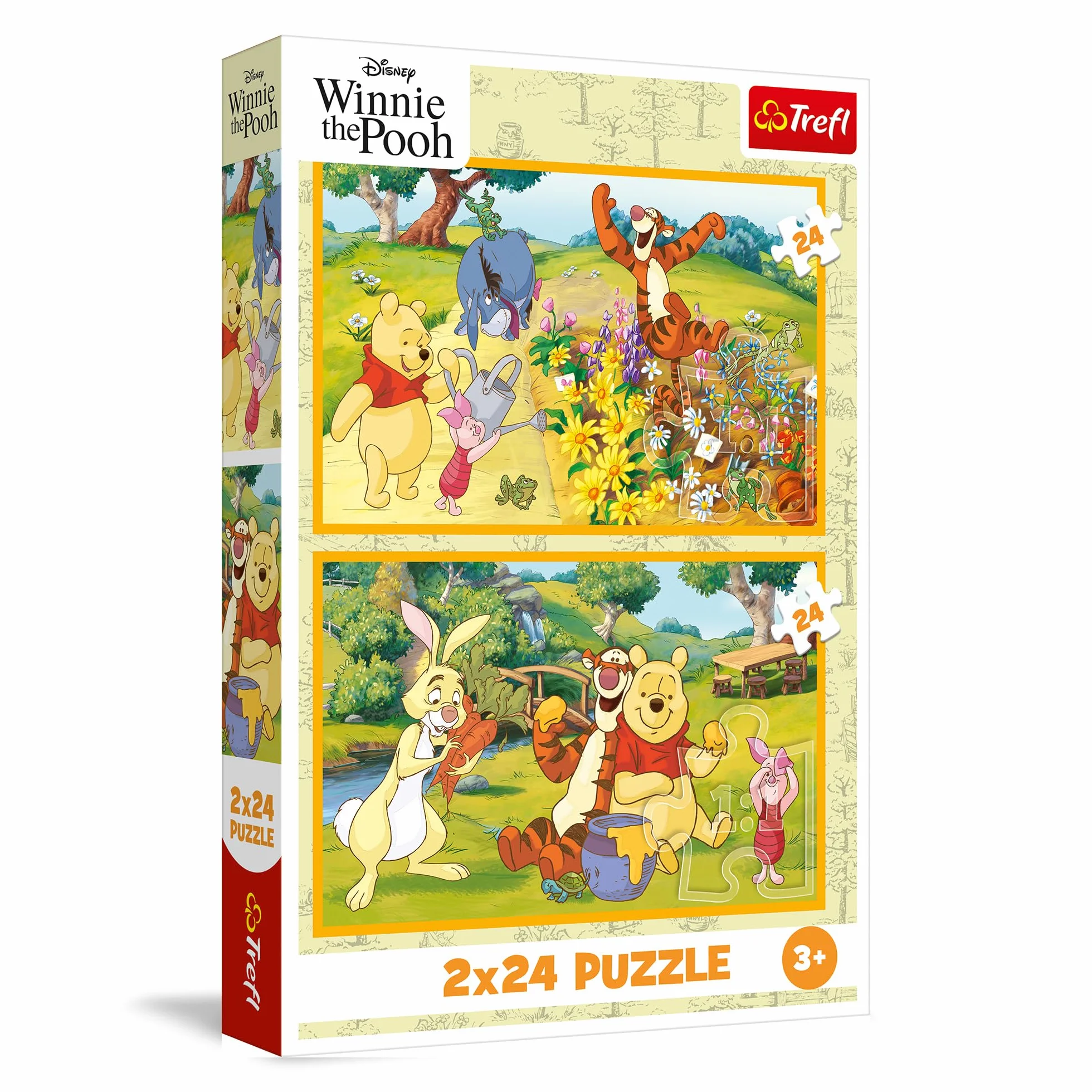 Trefl - Puzzle 2w1: Winnie the Pooh, Dzień w Ogrodzie - 2 x 24 Elementy, Zestaw Dwóch Układanek dla Dzieci od 3 lat