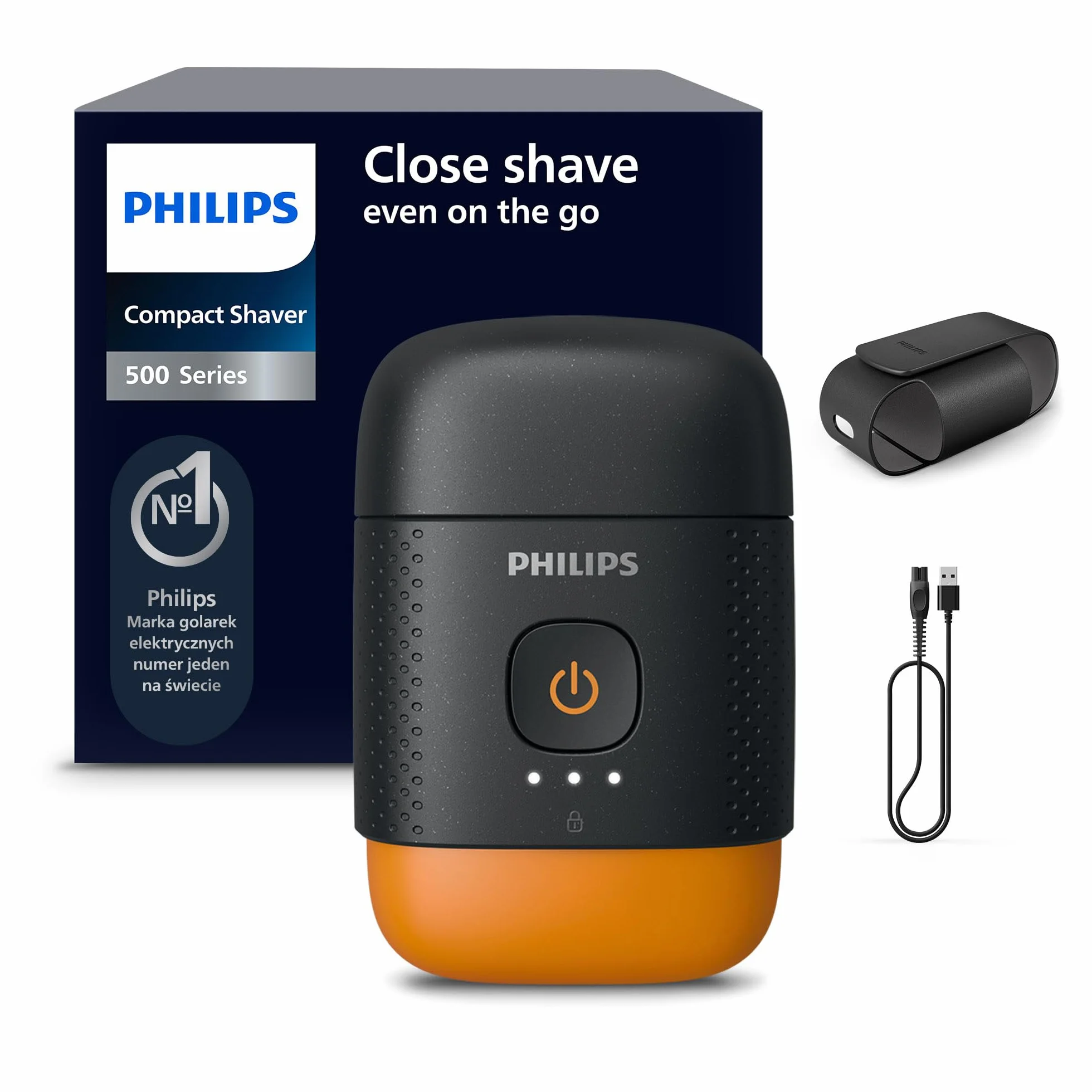 Philips Shaver 500 — kompaktowa golarka elektryczna, system Lift & Cut, ostrza SteelPrecision, głowice 3D Floating, golenie mokro i sucho, etui podróżne, blokada podróżna, magnetyczna nasadka, S595/05