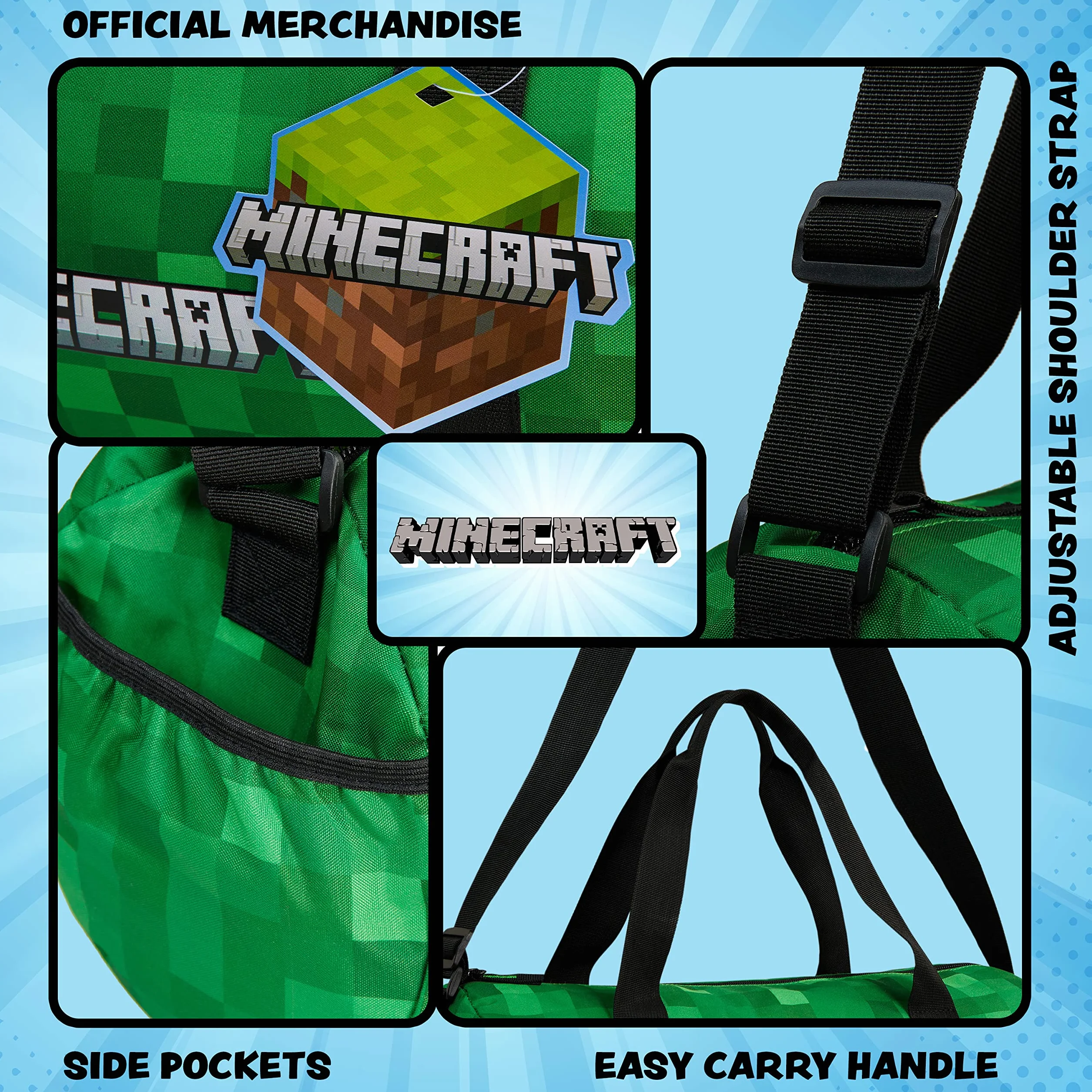 Minecraft Torba sportowa dla dzieci, torba podróżna, dla chłopców, torba sportowa, dla nastolatków, z regulowanym paskiem na ramię, zielony, 41x18x19cm, worek marynarski