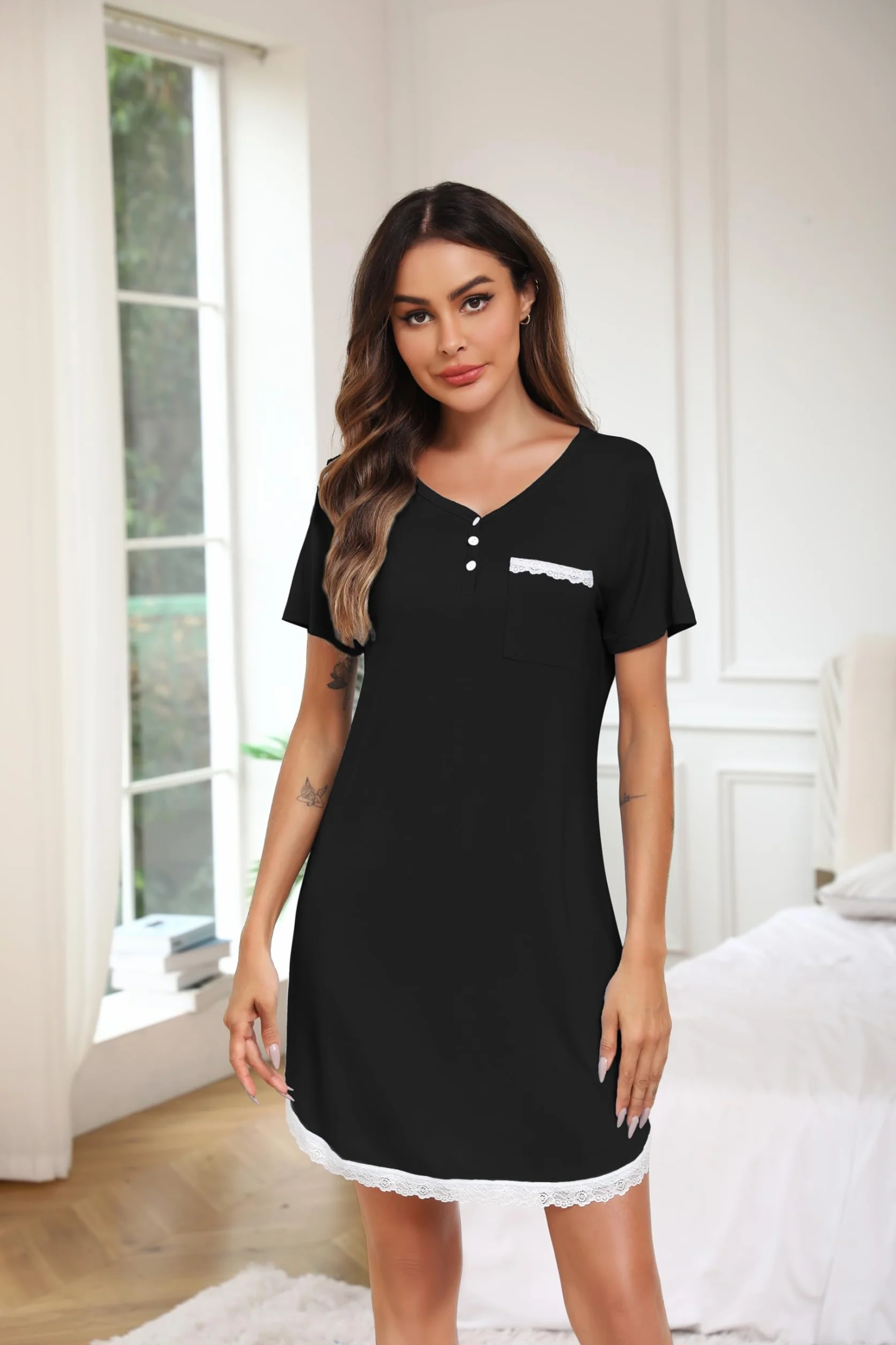 Vlazom Damska koszula nocna, dekolt w serek, seksowna koszulka nocna, krótki rękaw, miękka bielizna nocna, koszula nocna do karmienia, S-XXL