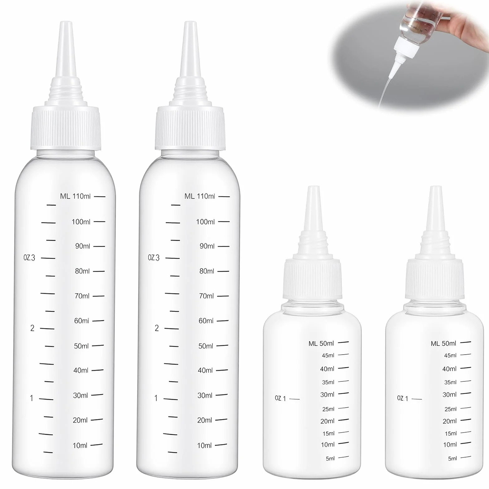 4 sztuki buteleczka aplikatora do włosów, squeezie z aplikatorem do olejku do włosów, 110 ml & 50 ml buteleczka aplikatora z skalą, aplikator do olejku do włosów do farbowania skóry głowy i