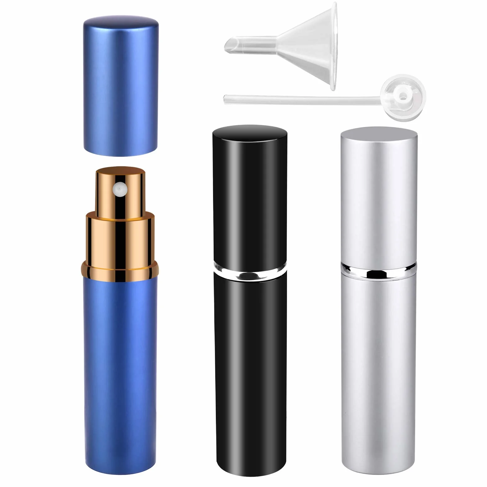 Atomizer do perfum, 3 szt., 10 ml, rozpylacze z aluminium, butelka z lejkiem i pipetą dla kobiet i mężczyzn, przenośna w podróży