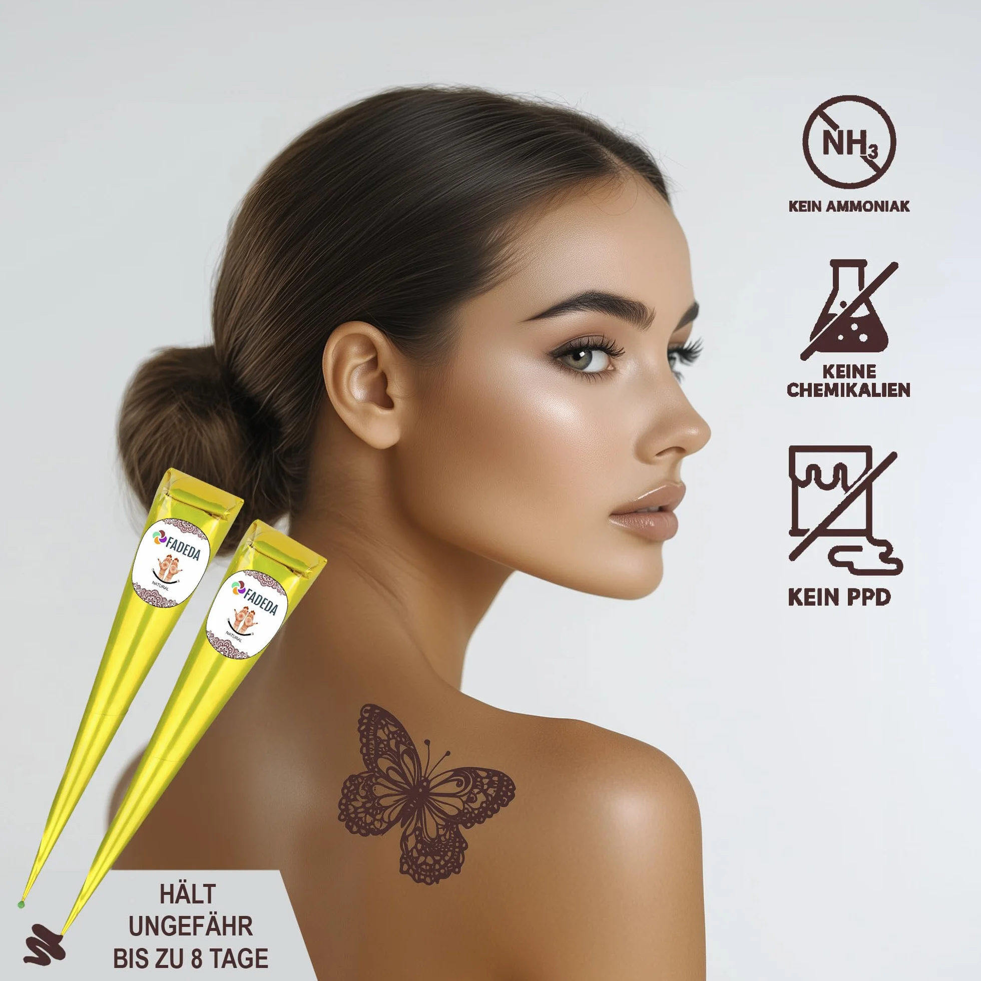 4x FADEDA Henna Kegel | 4x 25g naturalna pasta | naturalny brąz | 100% roślinny | gotowa do użycia i bez PPD | wegański | ekologiczny | halal | Mehandi | Mehndi