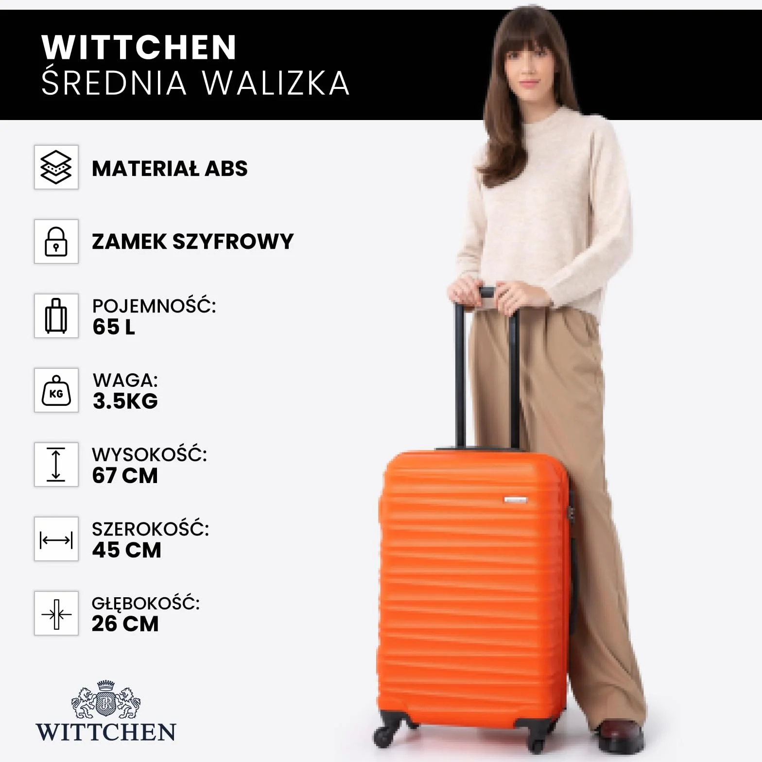 WITTCHEN GROOVE Line Średnia walizka Lekki bagaż Walizka podróżna Twardy bagaż ABS Zamek szyfrowy Teleskopowa rączka 4 obrotowe kółka Rozmiar M Pomarańczowy