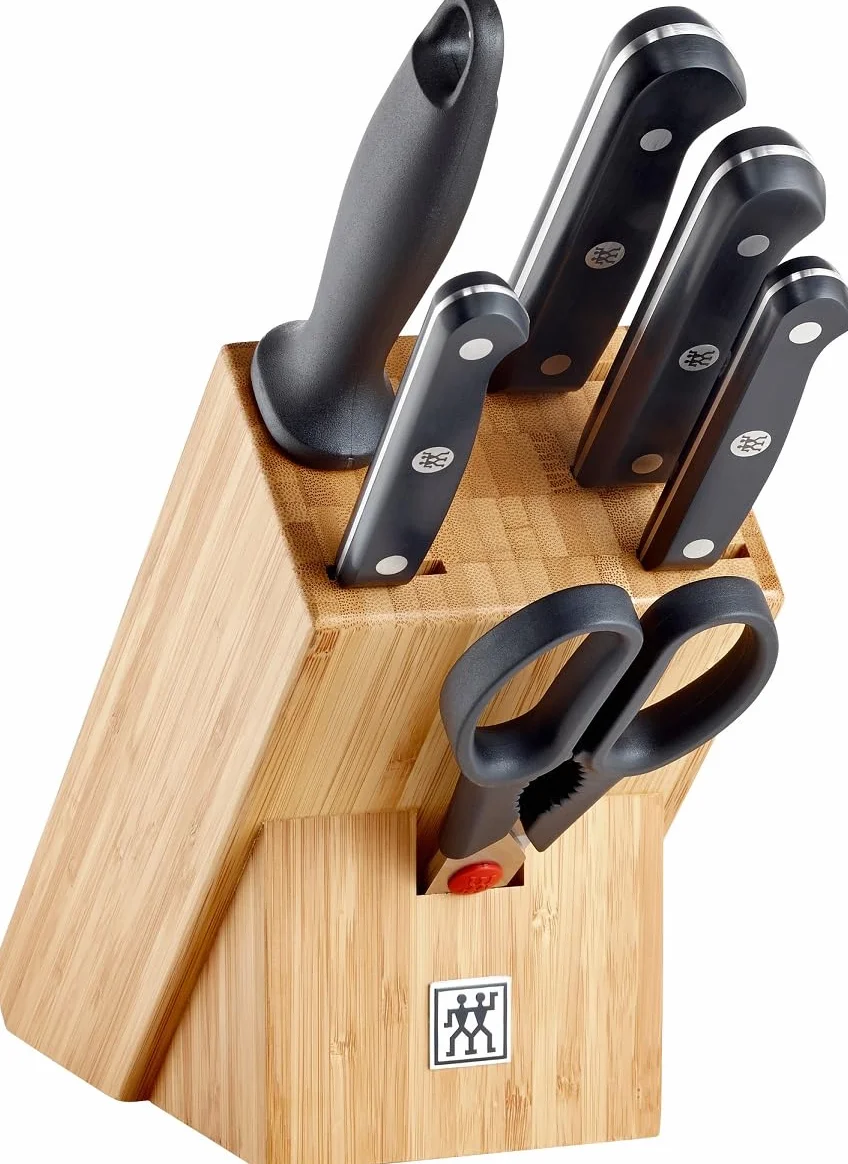 ZWILLING Gourmet 7-częściowy zestaw noży (nóż, ostrzałka, nożyczki i blok), specjalna stal nierdzewna, ergonomiczny uchwyt z tworzywa sztucznego, czarny – Made in Germany
