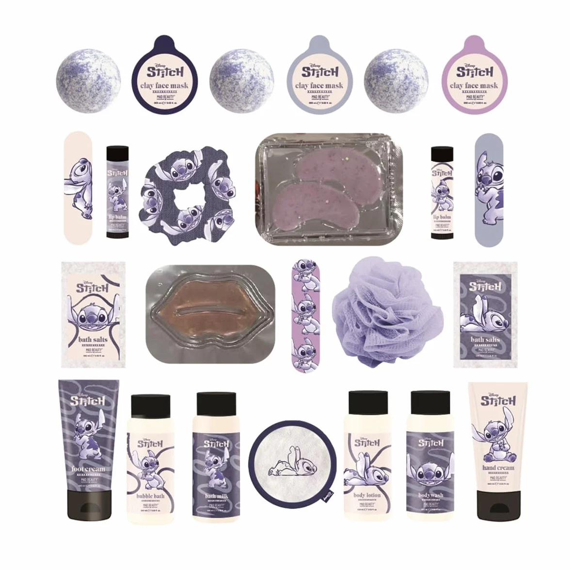MAD Beauty Disney STITCH kalendarz adwentowy z 24 produktami do makijażu i kosmetyków, wellness, kalendarz adwentowy dla kobiet, z maską na twarz, balsamem do ciała, gumką do włosów – kalendarz