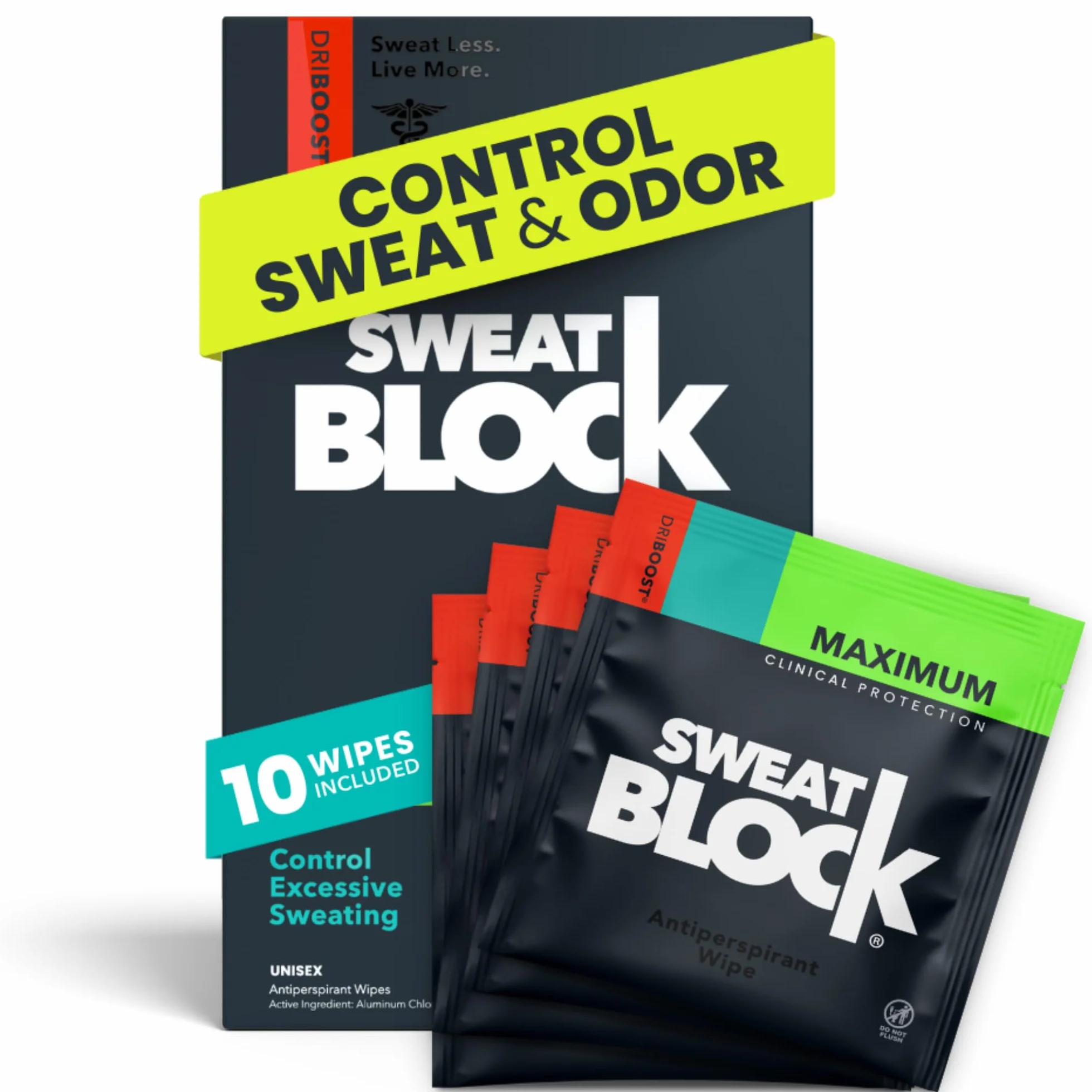 SweatBlock Clinical Strength Deodorant Antiperspirant Wipes 10 ct - Treat Hyperhidrosis & Excessive Sweat - Unscented