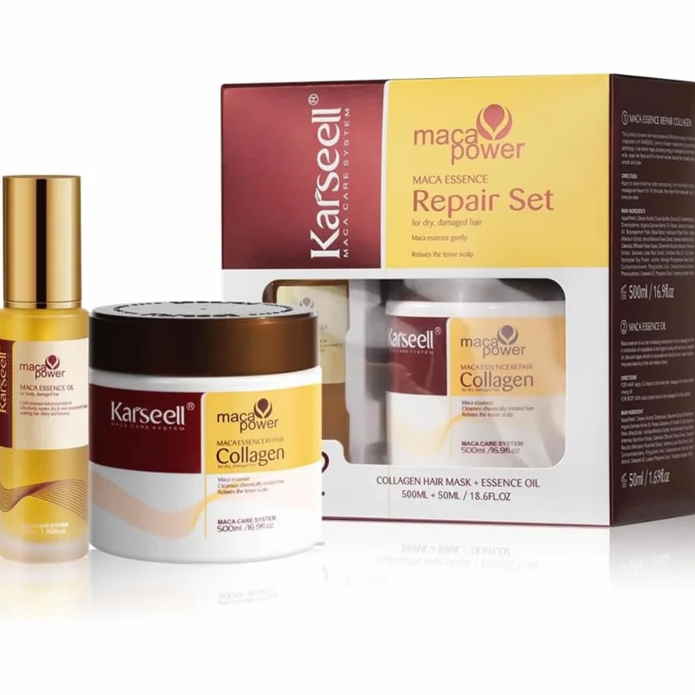 Karseell MACA CARE SYSTEM Maska Kolagenowa Serum Olejek Arganowy Włosy Suche Zniszczone Farbowane Puszące Nawilżenie Blask Regeneracja Wzmocnienie Do Wszystkich Rodzajów Włosów 500ml+50ml