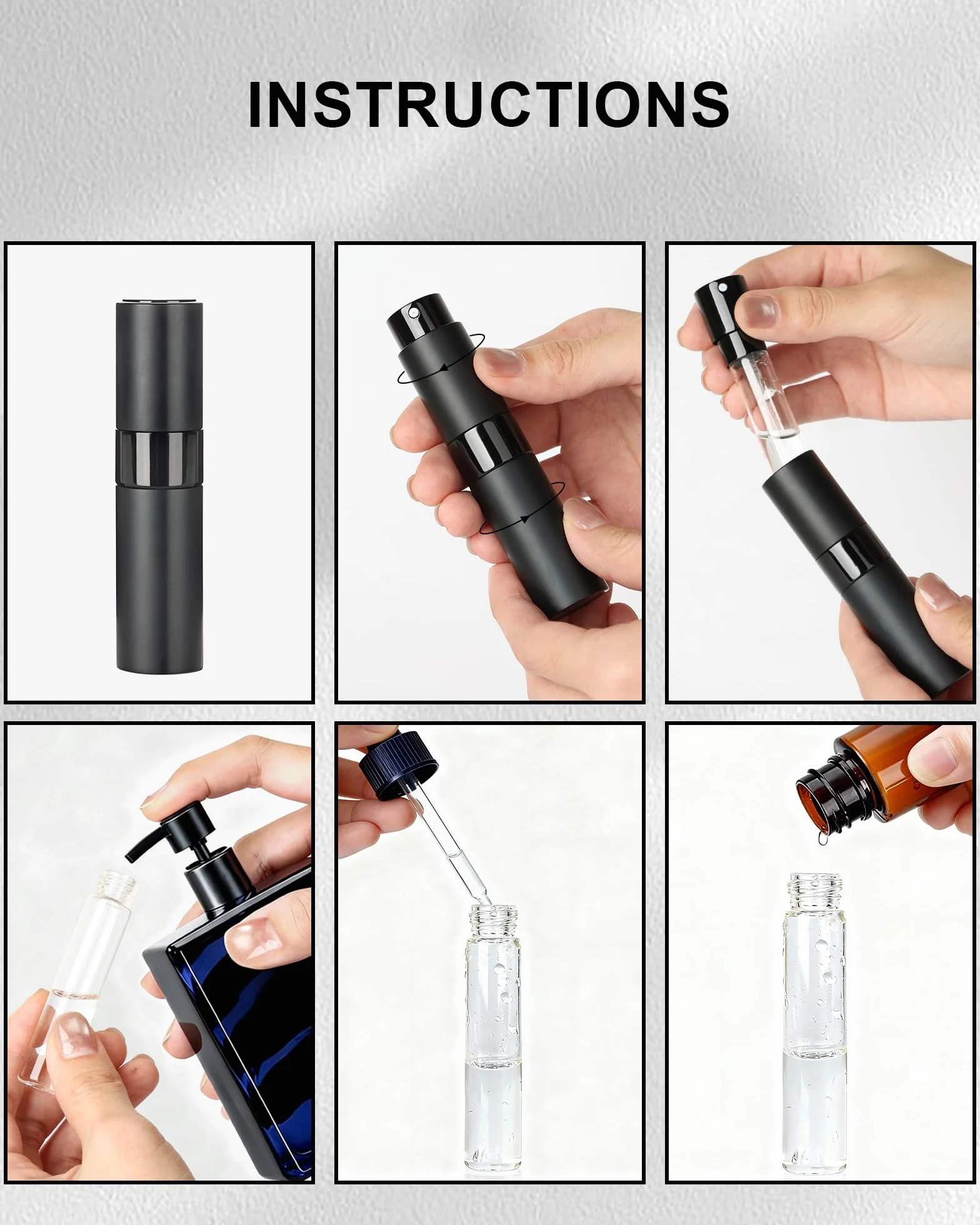 Pojemnik na Perfumy Podróżny, 8ml Atomizer do Perfum Wielokrotnego Napełniania 3 Sztuki, Butelki Perfum Próżne Mini Kieszonkowe, Pojemnik na Płyn Podróżny z Lejkiem (Czarny+Niebieski+Srebrny)