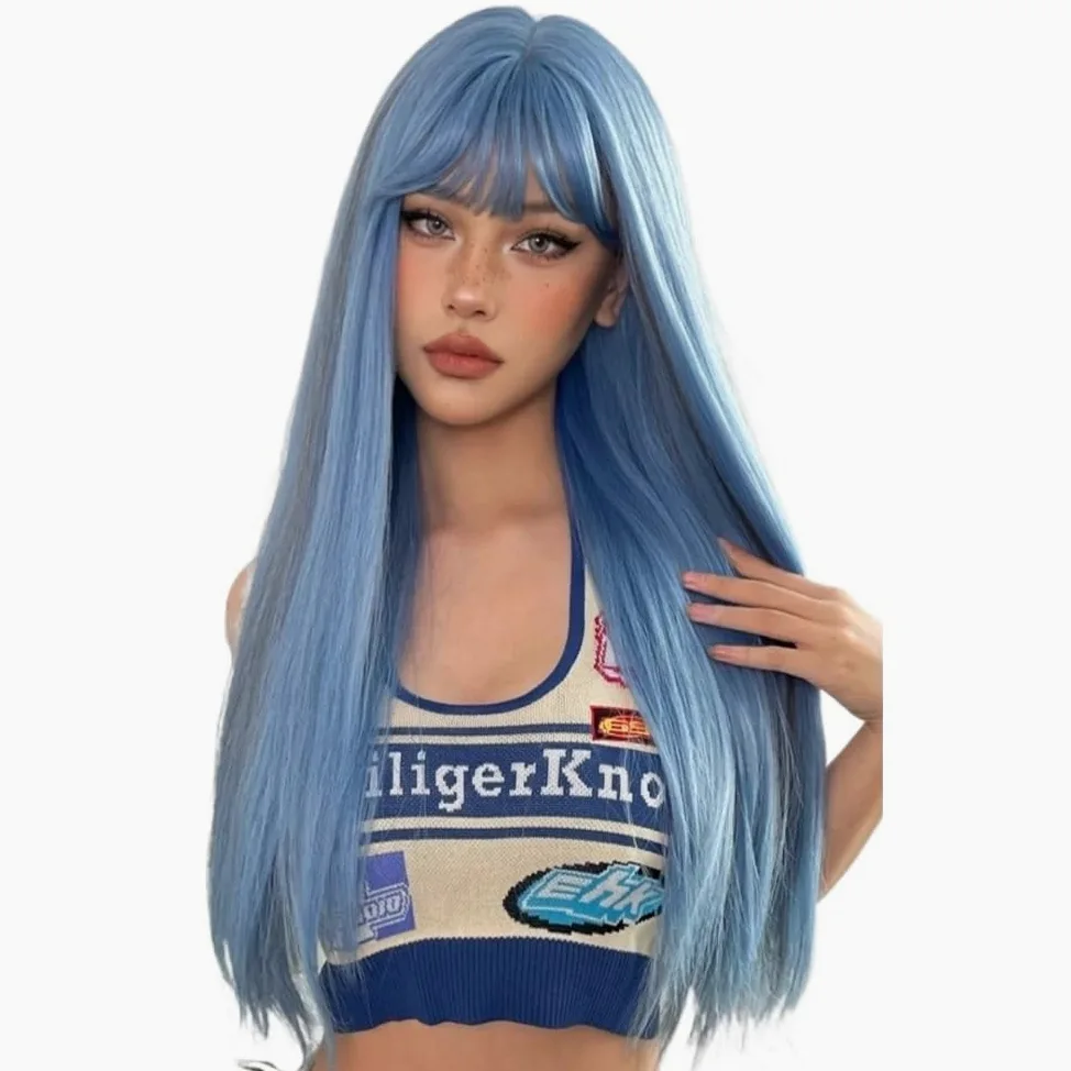 Białe, długie, syntetyczne peruki z grzywką, gładka peruka , cosplay, białe włosy, syntetyczne, odporne na wysokie temperatury, do codziennego użytku na imprezach (kolor niebieski)