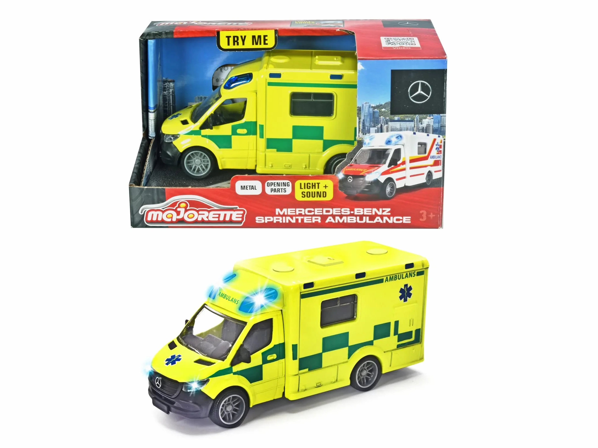 Majorette 213712001033 - Grand Series - Mercedes-Benz Sprinter Szwedzka karetka - Karetka pogotowia ratunkowego w Szwecji Model z Wolnobiegiem, Metal, Lekki, Dźwięk, Miękkie gumowe opony, 12,5 cm,