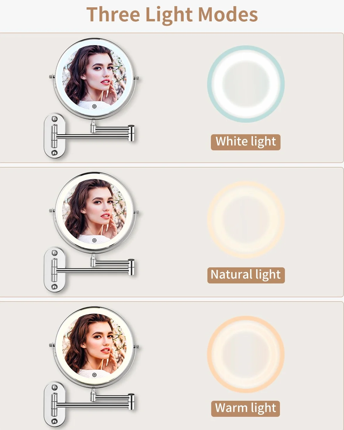 jutyum Lusterko kosmetyczne z oświetleniem LED, obracane o 360°, montaż ścienny, lustro do makijażu do łazienki, z oświetleniem 1x/10x, z oświetleniem, 3 kolory światła