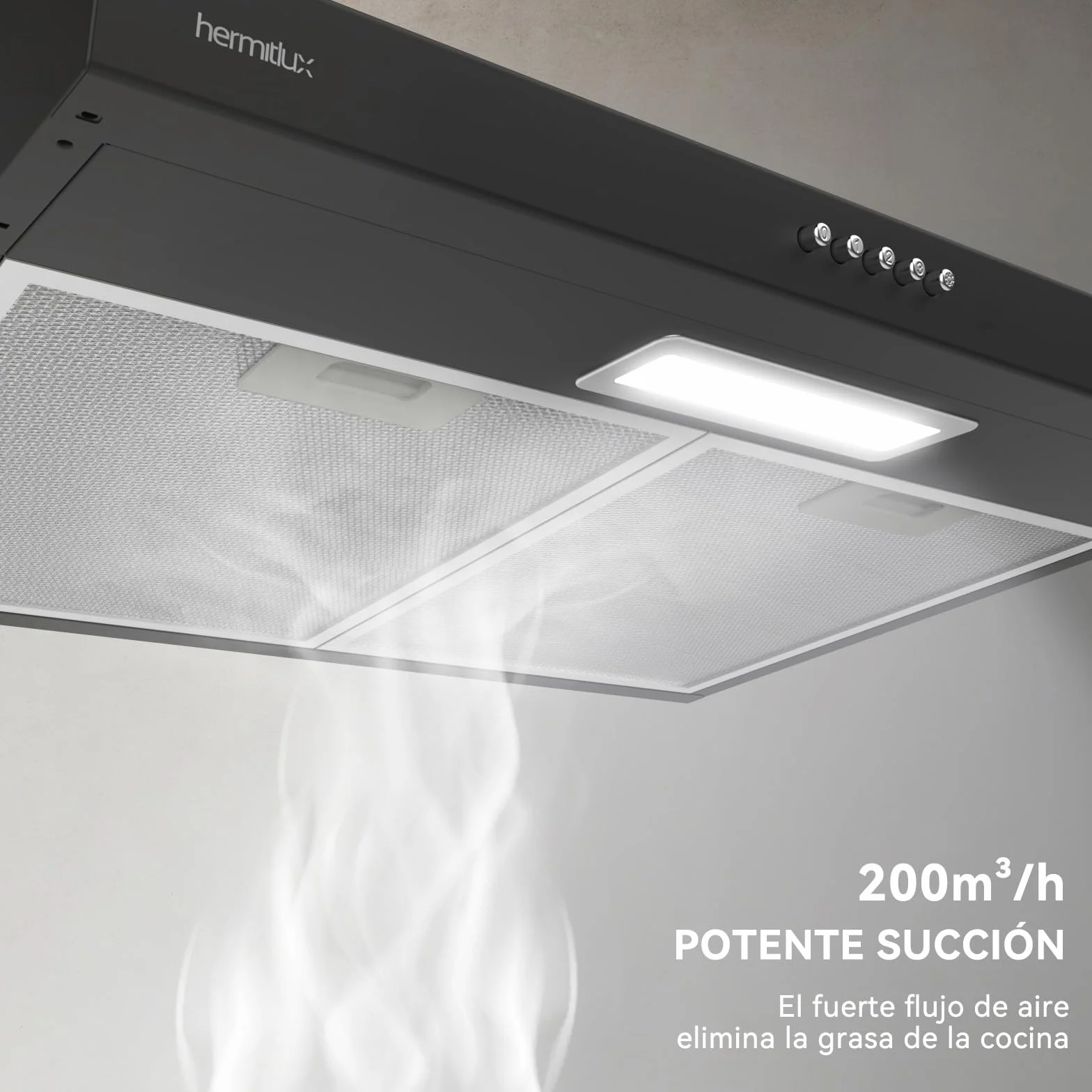 Hermitlux Okap kuchenny do zabudowy 60 cm, powietrze wylotowe i obiegowe, 3 poziomy mocy, przepływ powietrza 360 m³/h, filtr węglowy, czarny