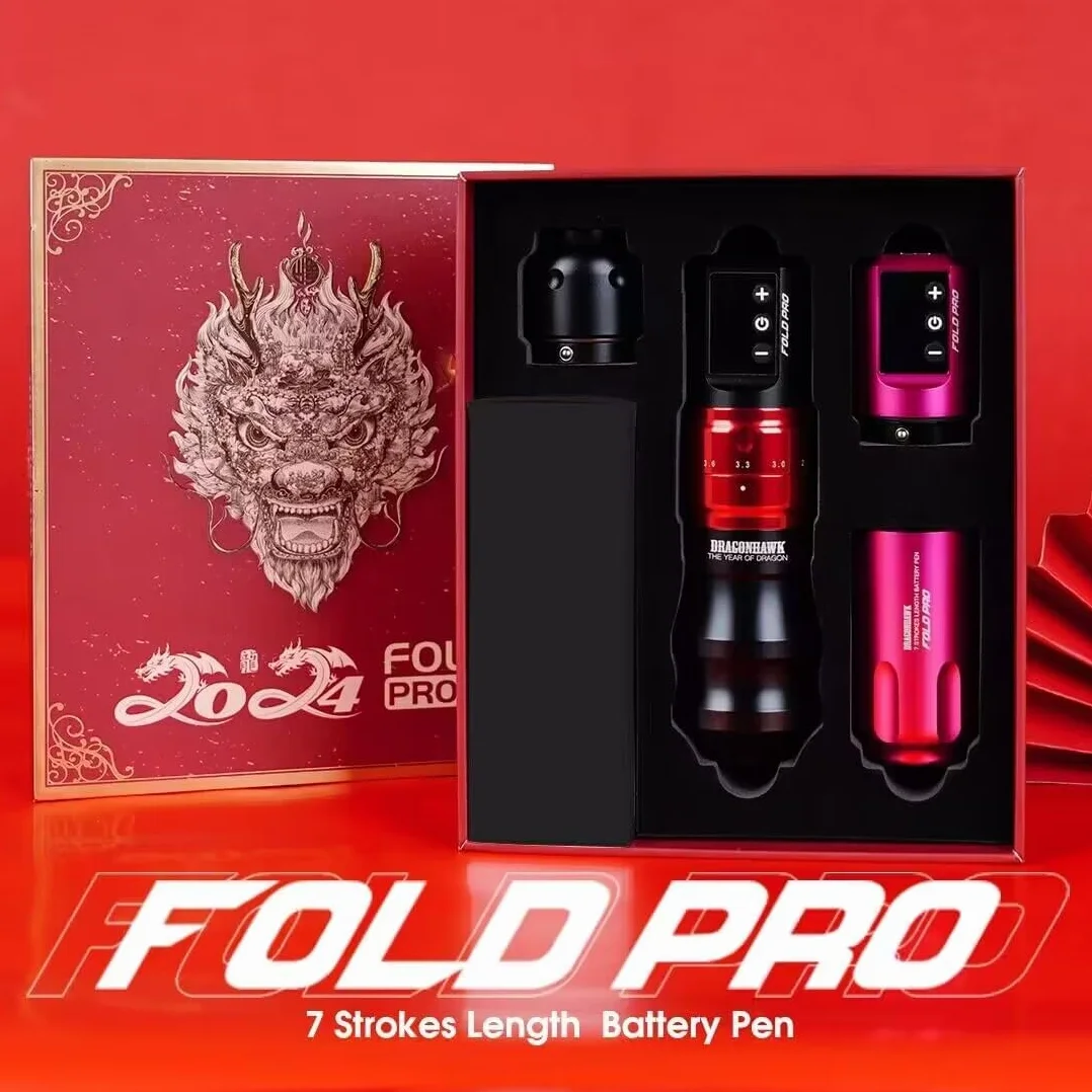 Dragonhawk Fold Pro Wireless Tattoo Pen Rotary Machine Adjust Stroke 2.4-4.2mm Year of Dragon Edition Red