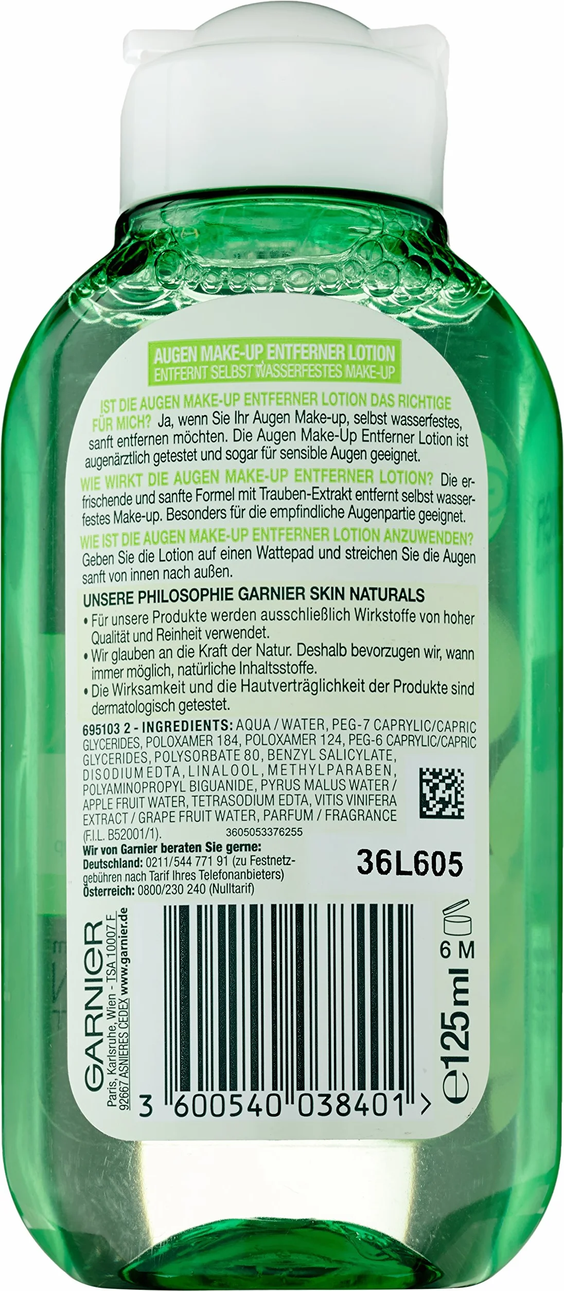 Garnier Środek do usuwania makijażu oczu/demakijażu oczu, usuwa nawet wodoodporny makijaż, z ekstraktem z winogron, testowany okulistycznie, Skin Naturals, 1 x 125 ml