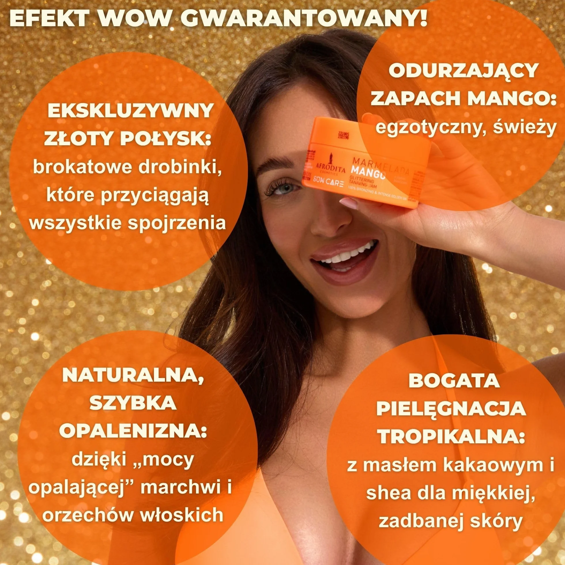 Afrodita Cosmetics Marmelada Mango przyspieszacz opalania – wegański dżem opalający ze złotym brokatem dla szybkiej naturalnej opalenizny – wodoodporny z ekstraktem z marchewki, masłem kakaowym i shea