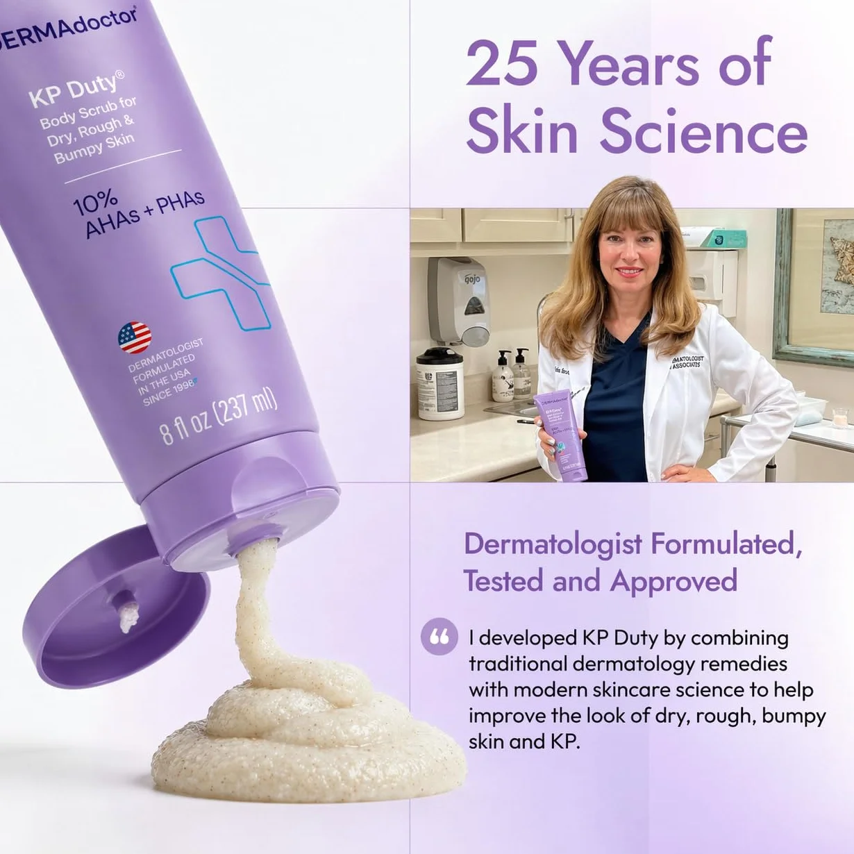 DERMAdoctor KP Duty Body Scrub opracowany dermatologicznie peeling do keratozy Pilaris i suchej, szorstkiej, wyboistej skóry z 10% AHA + PHA (237 ml)