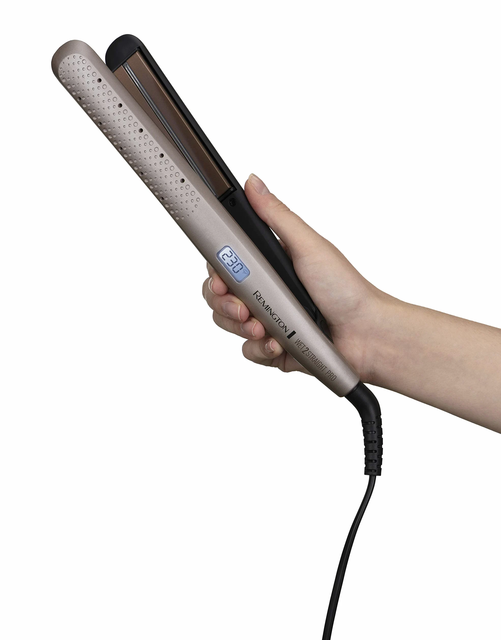 Remington prostownica do włosów, na suche i mokre włosy, otwory odparowują nadmiar wody, czujnik wilgoci, zakres temp 150-230°C, obrotowy przewód, etui, brązowa, Wet2Straight PRO S7970