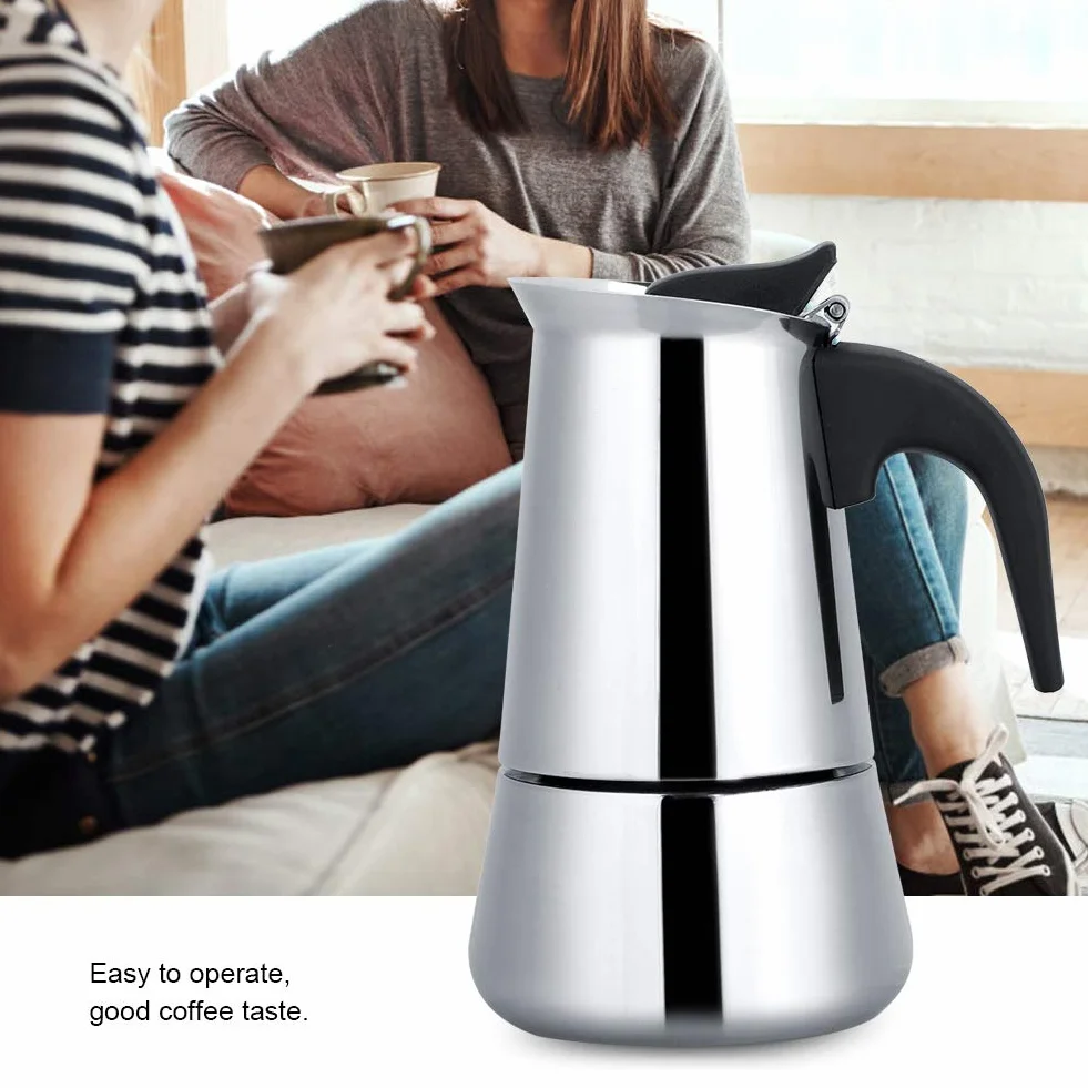 Ekspres do Moka ze Stali Nierdzewnej, Wygodny Dzbanek do Kawy w Domu, Oszczędzaj Czas na Pracowity Poranek Dzięki Szerokiemu Dnie, do Biura, 100-450ml (300ML)