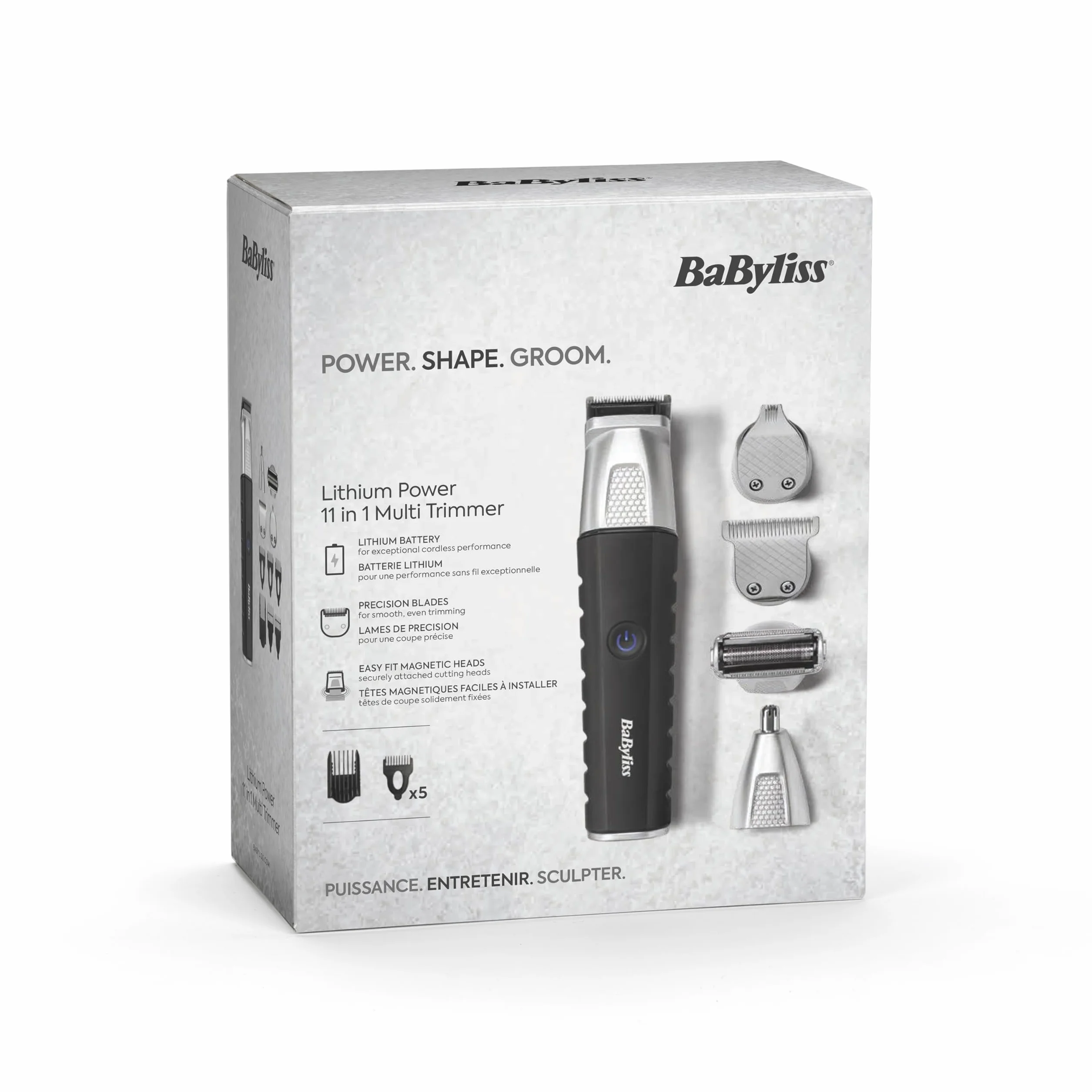 BaByliss Lithium Power 11 w 1 Multi-Trimmer - bezprzewodowy zestaw do pielęgnacji, w tym trymer do brody i trymer do nosa, wodoodporny, prezent dla mężczyzn, czarny/szary, MT812E