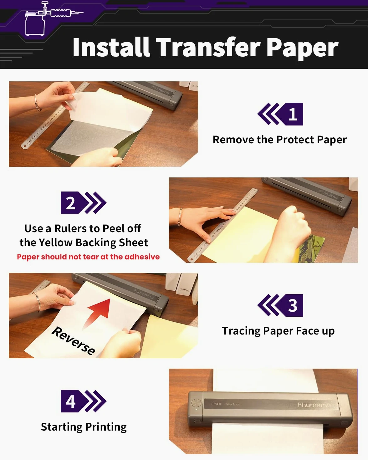 Phomemo Drukarka do Tatuażu, TP88 Tattoo Printer, Drukarka Termiczna do Tatuażu Bluetooth A4, Przenośna Drukarka do Tatuażu do Tatuażu dla DIY z 10-sztuk Papierami do Tatuażu