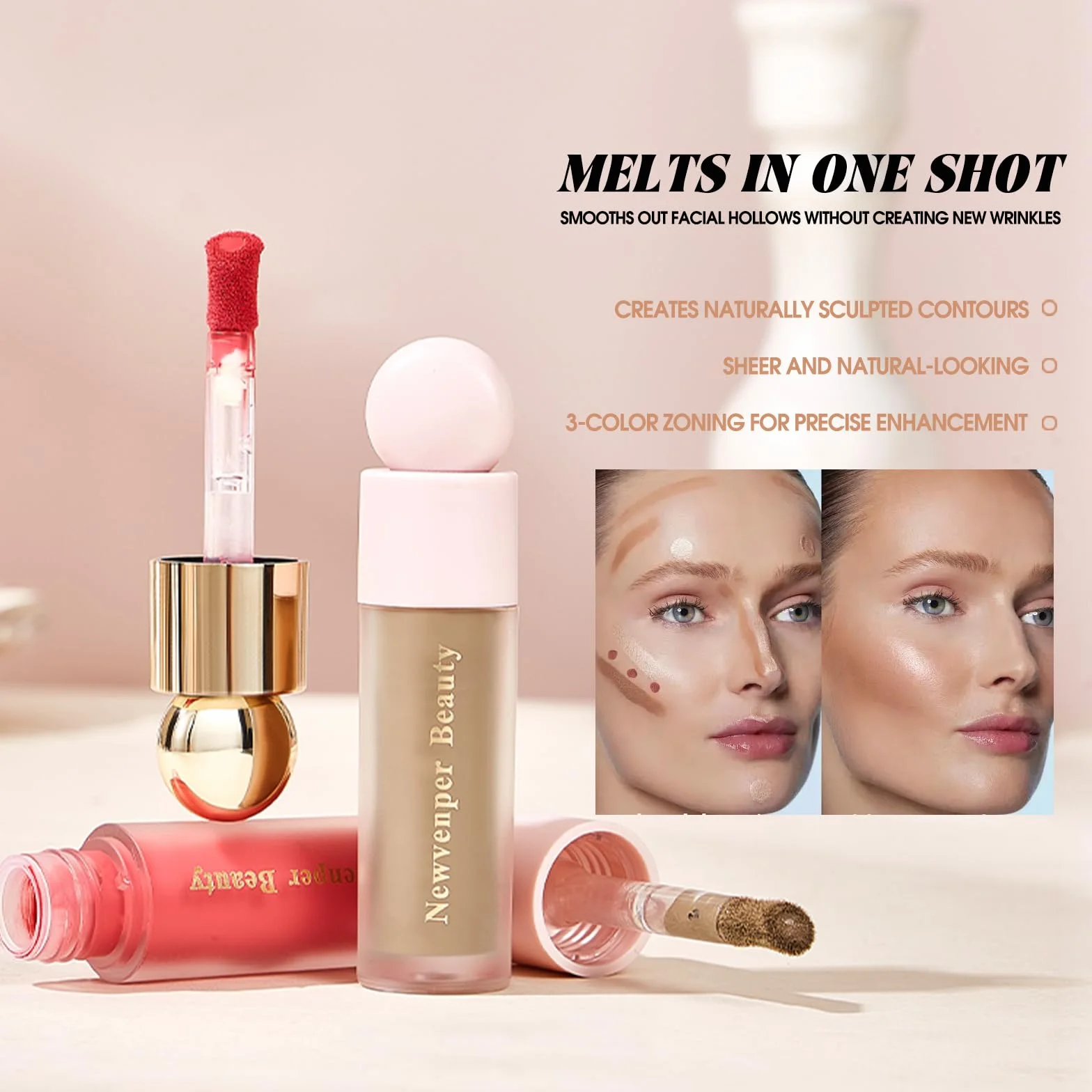 Newvenper Krem, bronzer + rozświetlacz + róż, z pędzelkiem do twarzy, długotrwały i gładki, róż, rozświetlacz i bronzer do konturowania w płynie