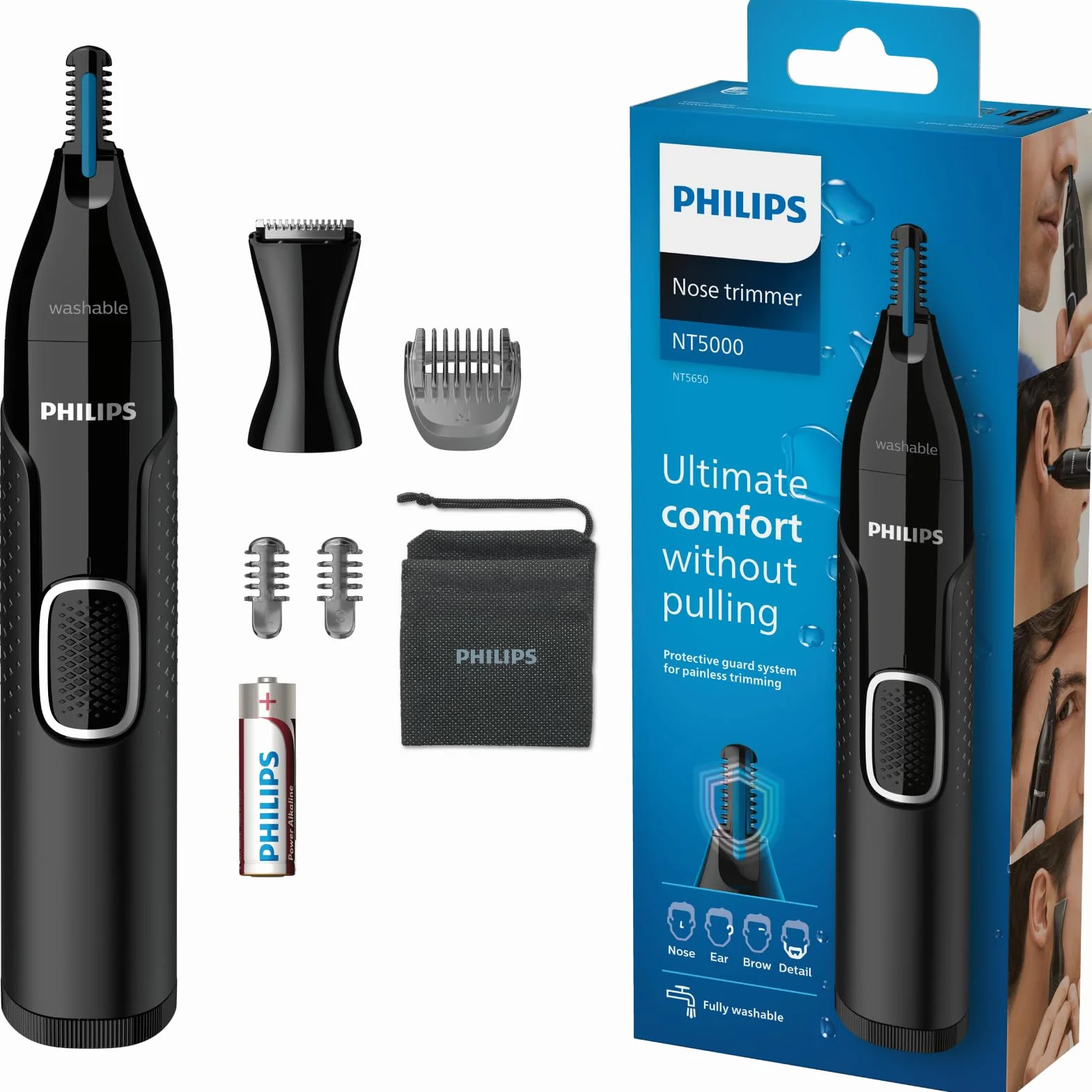 Philips Trymer do nosa serii 5000, skuteczne usuwanie włosów z nosa, uszu i brwi, z technologią PrecisionTrim, precyzyjnym grzebieniem i trymerem do szczegółowego przycinania, wodoodporny, NT5650/16