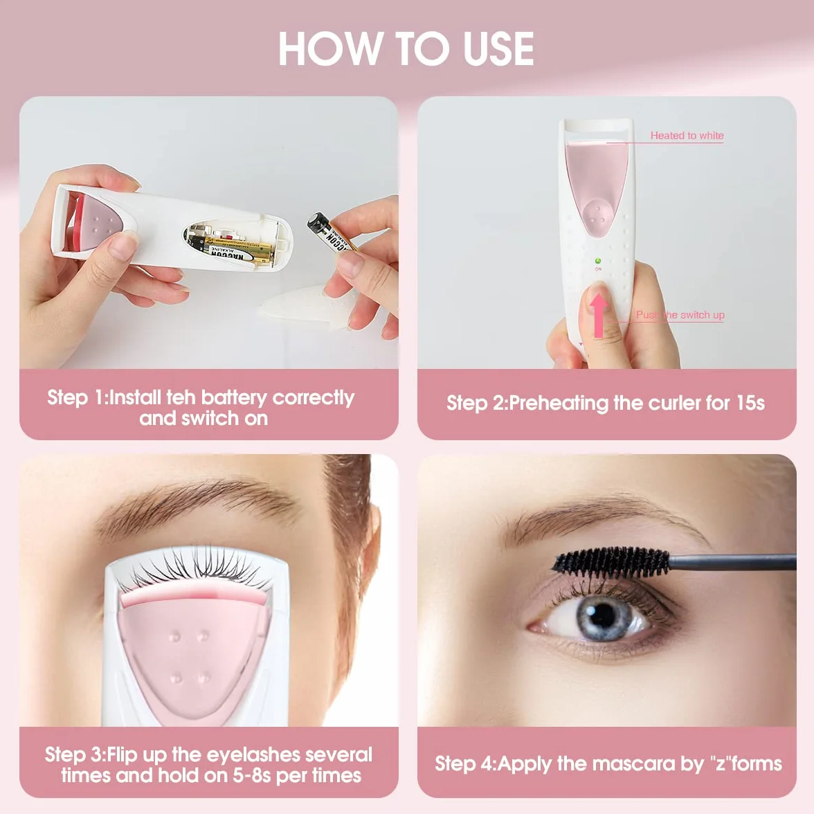 TOUCHBeauty Elektryczna podgrzewana zalotka do rzęs, z silikonową poduszką grzewczą, szybkie i trwałe, naturalne narzędzie do makijażu rzęs dla kobiet AG-2003-BT (różowa)