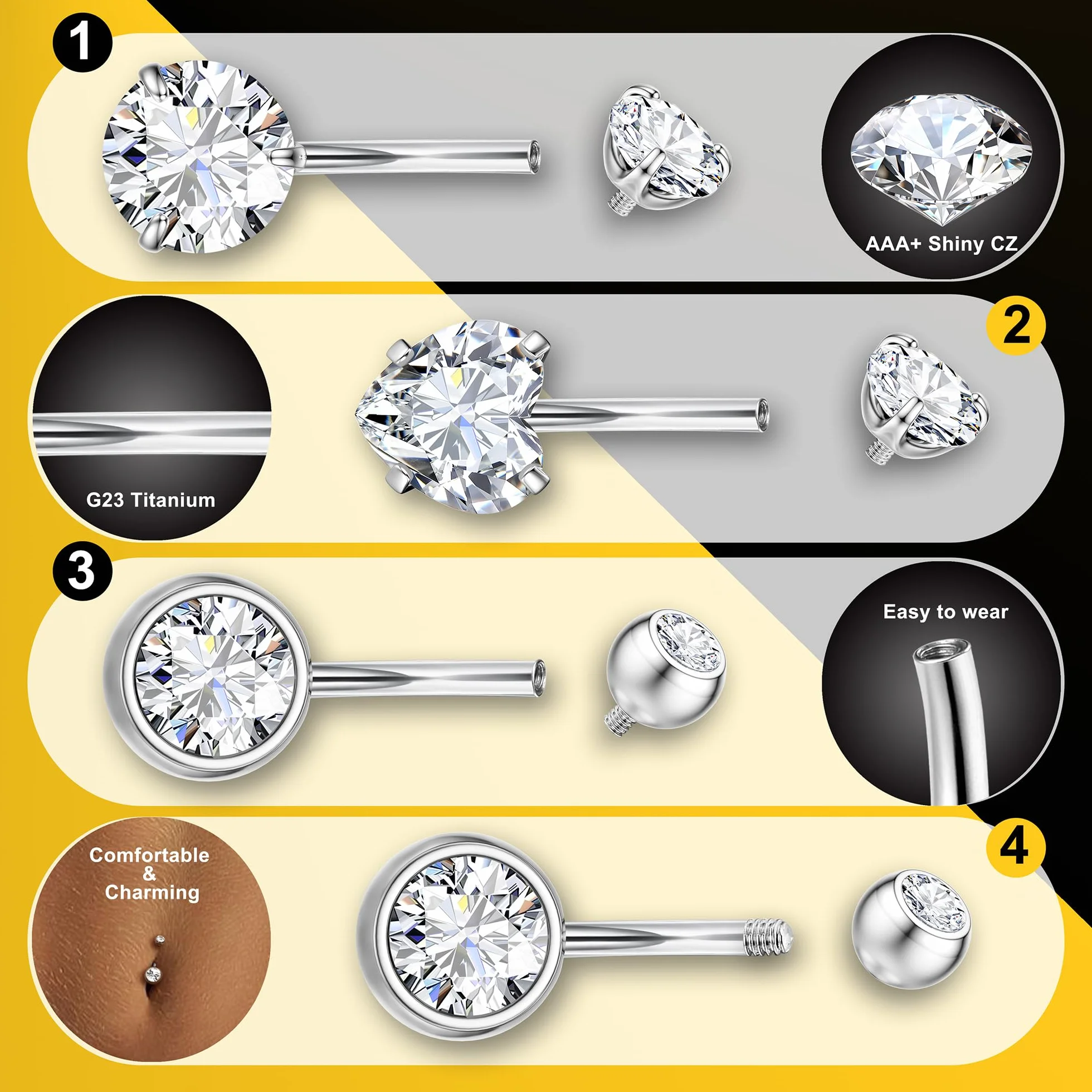 Diamday Brzuch G23 tytanowe pręty do pępka 14G hipoalergiczny piercing pierścienie do pępka błyszczące CZ kolczyk do pępka paski długie srebrne paski do pępka biżuteria 8/10/12/14/16 mm
