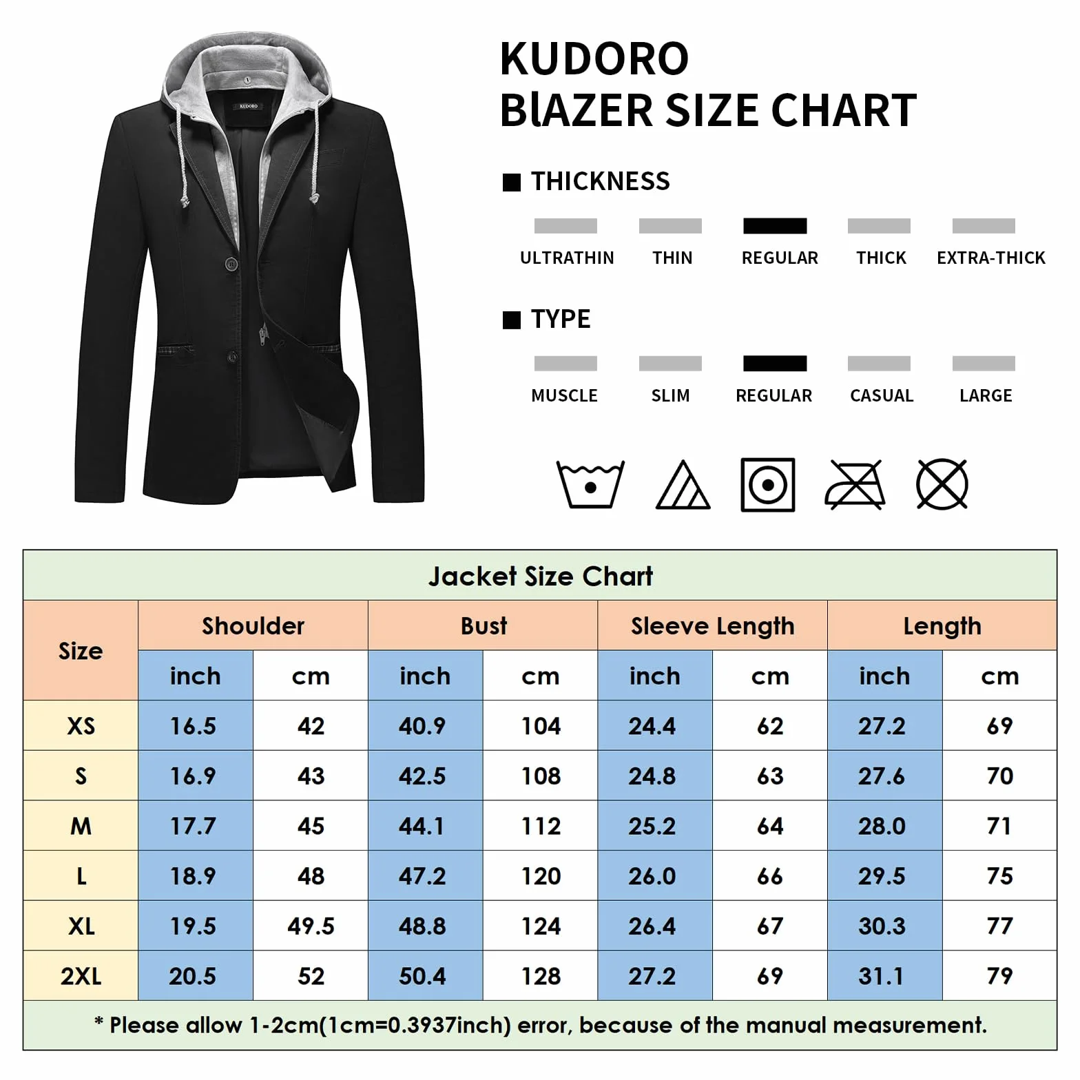 KUDORO Męska marynarka z odpinanym kapturem slim fit garnitur kurtki z dwoma guzikami na co dzień smoking dla mężczyzn klasyczna marynarka, Czarny, XL