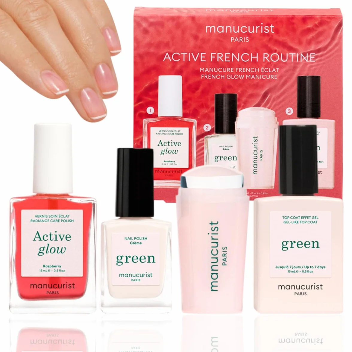 Manucurist – Zestaw Active French Manicure Routine – Active™ Glow Raspberry Lakier Wzmacniający, Green™ Crème Mini, Mani Stamper oraz Sunshine Top Coat Efekt Żelowy – French Manicure Kit