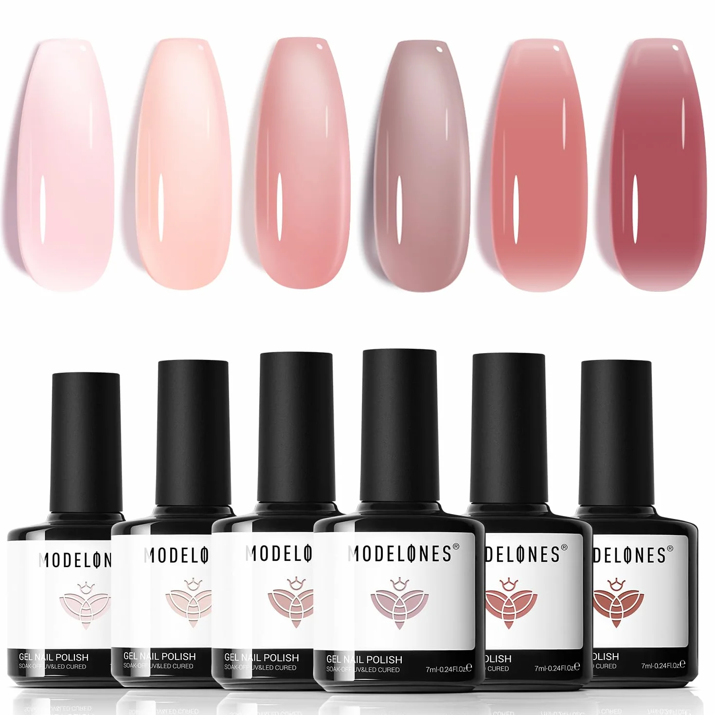 Modelones Zestaw żelowych lakierów do paznokci, 6 kolorów, żelowe, przezroczyste, różowe, nude, brązowe, żelowe lakiery UV do Starter Nail Art Salon DIY Home, 7 ml