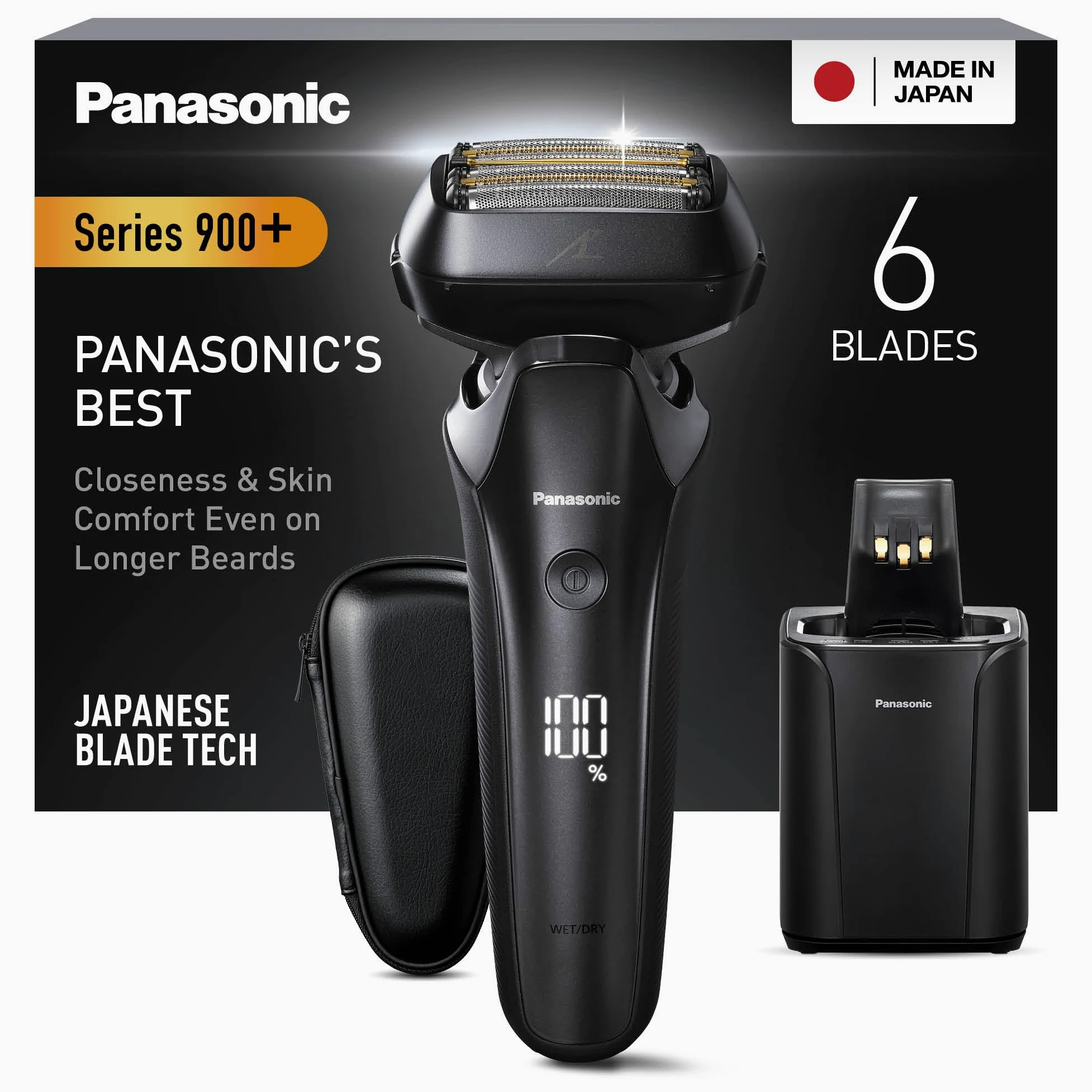 Panasonic Series 900+ golarka Premium ES-LS9A, 6-krotna głowica tnąca z silnikiem liniowym, ze stacją czyszczącą i ładującą, czarna, matowa czerń