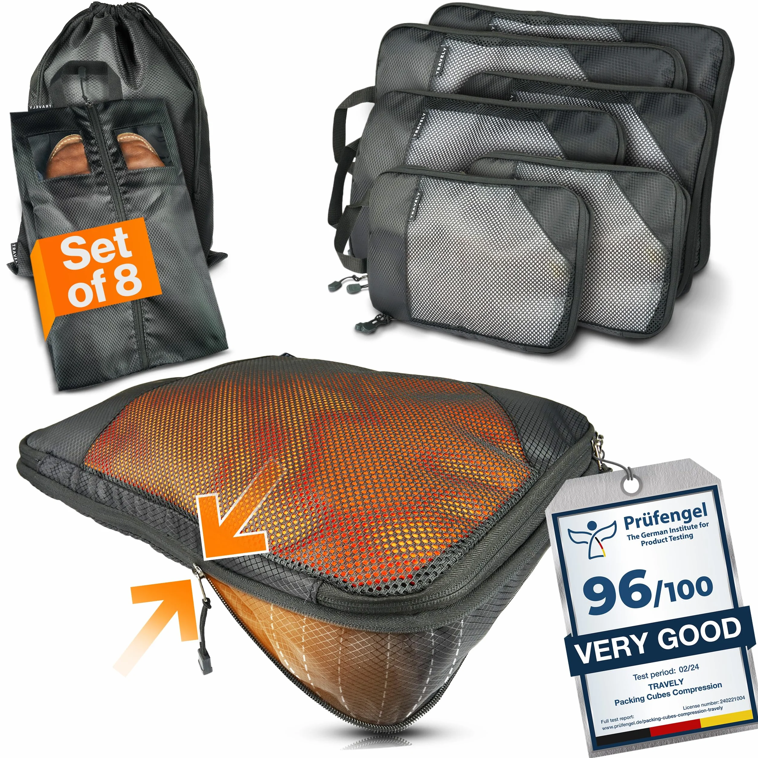 TRAVELY Packing Cubes Compression – 8-częściowy zestaw wraz z torbą na buty i workiem na pranie – kostki kompresyjne jako walizka lub organizer do plecaka – torby podróżne, worki kompresyjne
