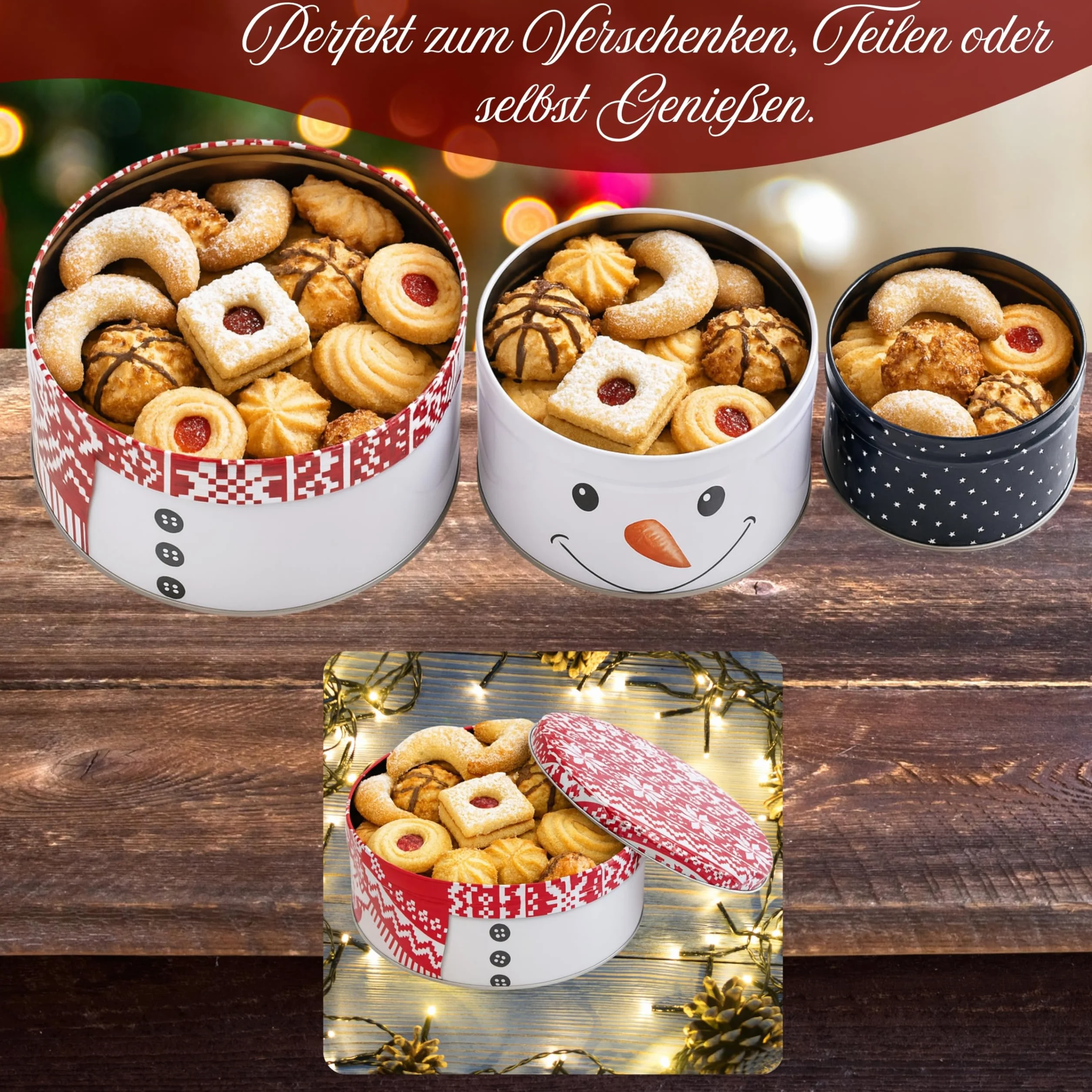 Brandsseller 3-częściowy zestaw puszek na ciastka w gwiazdki, puszka na ciastka, metalowa (3-częściowy zestaw, bałwan)
