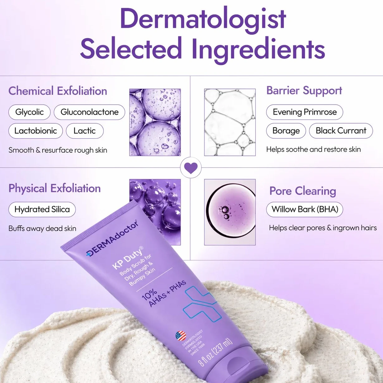 DERMAdoctor KP Duty Body Scrub opracowany dermatologicznie peeling do keratozy Pilaris i suchej, szorstkiej, wyboistej skóry z 10% AHA + PHA (237 ml)