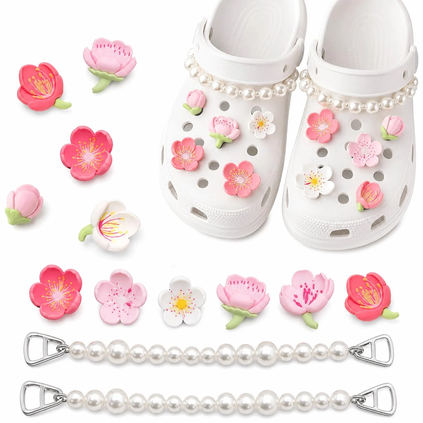 LEMONSTONE 13-częściowy zestaw przypinek w kwiaty do Crocs z łańcuszkiem z pereł, 3D, kwiat wiśni, charmsy do butów, różowe kolczyki Sakura, dla kobiet i dziewcząt, biżuteria do butów, chodaki