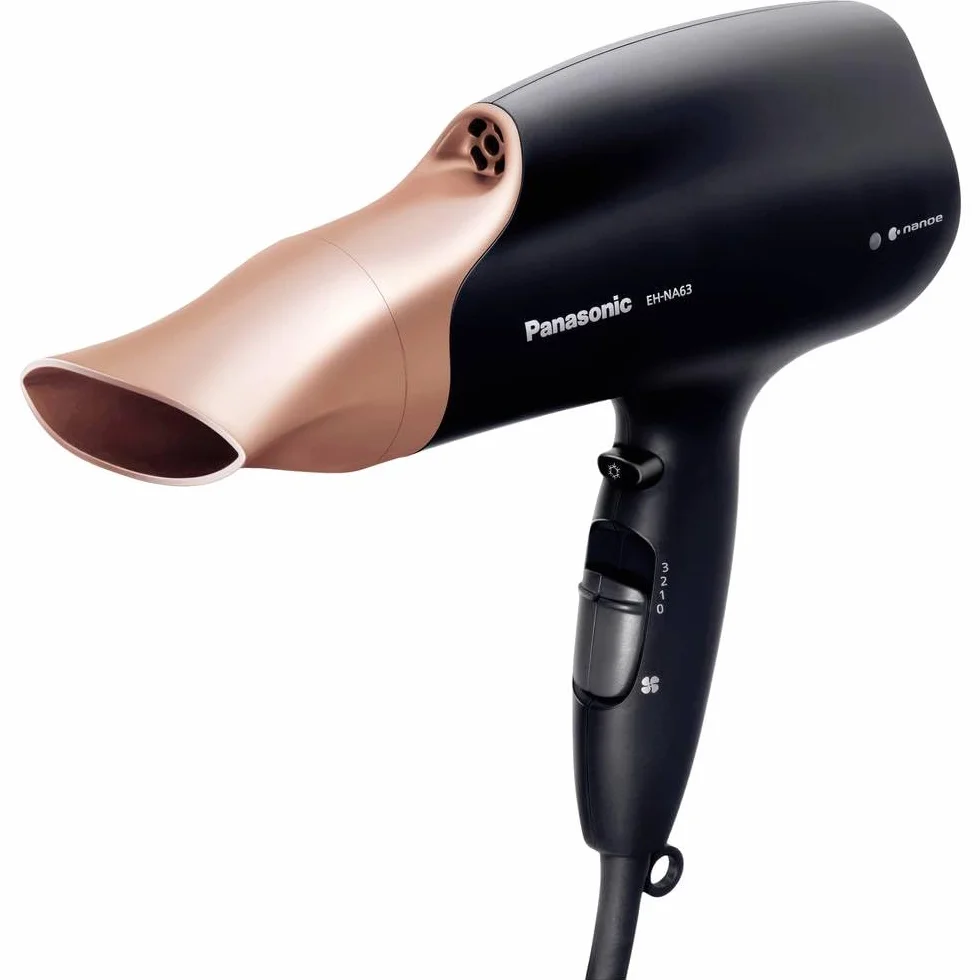 Panasonic EH-NA63 suszarka do włosów z technologią nanoe™ (2000W, 3 ustawienia prędkości, 4 temperatury, dyfuzor do suszenia loków), czarno-złota