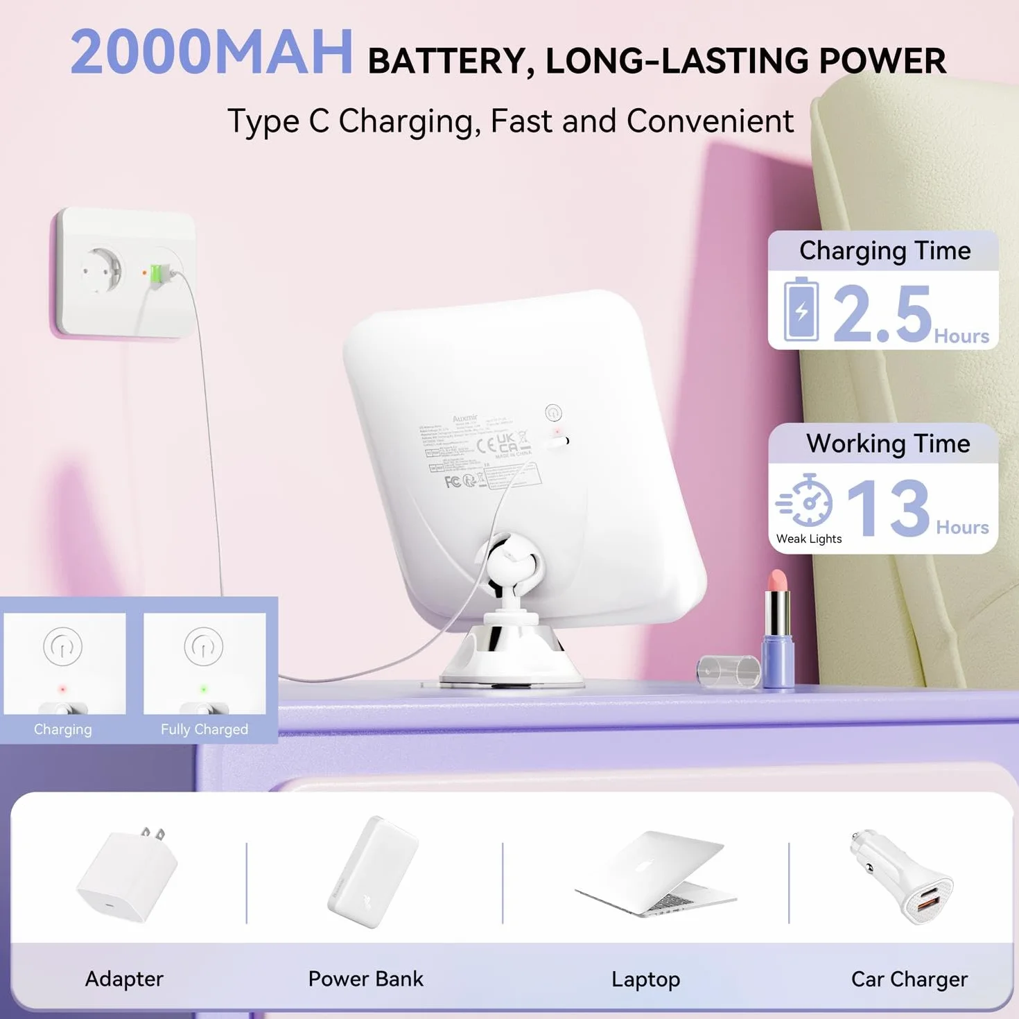 Lustro do makijażu Auxmir 30X z oświetleniem, 2000 mAh, ładowalne lusterko kosmetyczne z przyssawką, 3 kolory światła, regulacja jasności, 30-krotne lusterko powiększające z oświetleniem, obrotowe o 3
