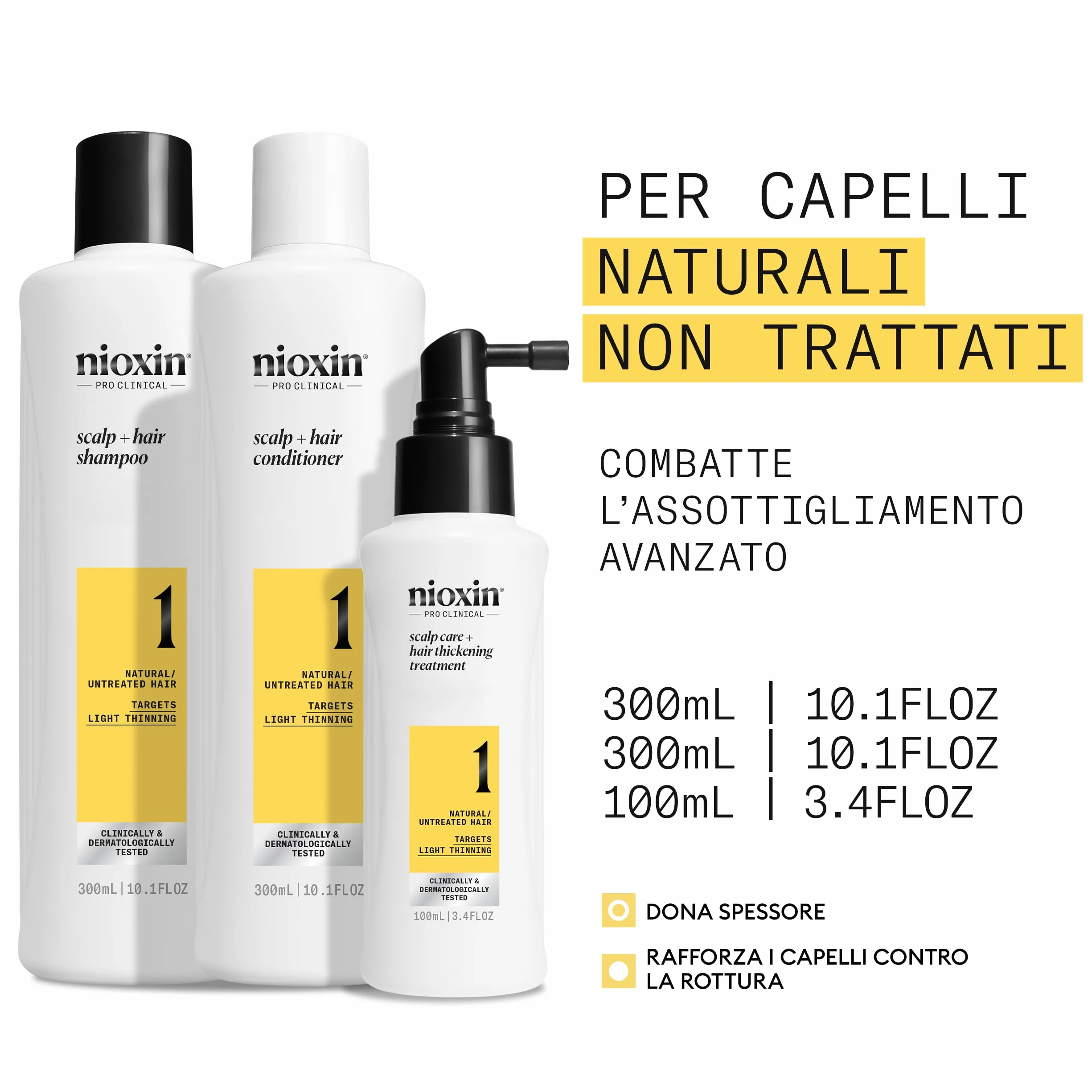 Nioxin Scalp + system zagęszczania włosów, 1 zestaw do trefazy - do włosów naturalnych z łagodnym przerzedzaniem - szampon, odżywka i pielęgnacja skóry głowy (300 + 300 + 100 ml)
